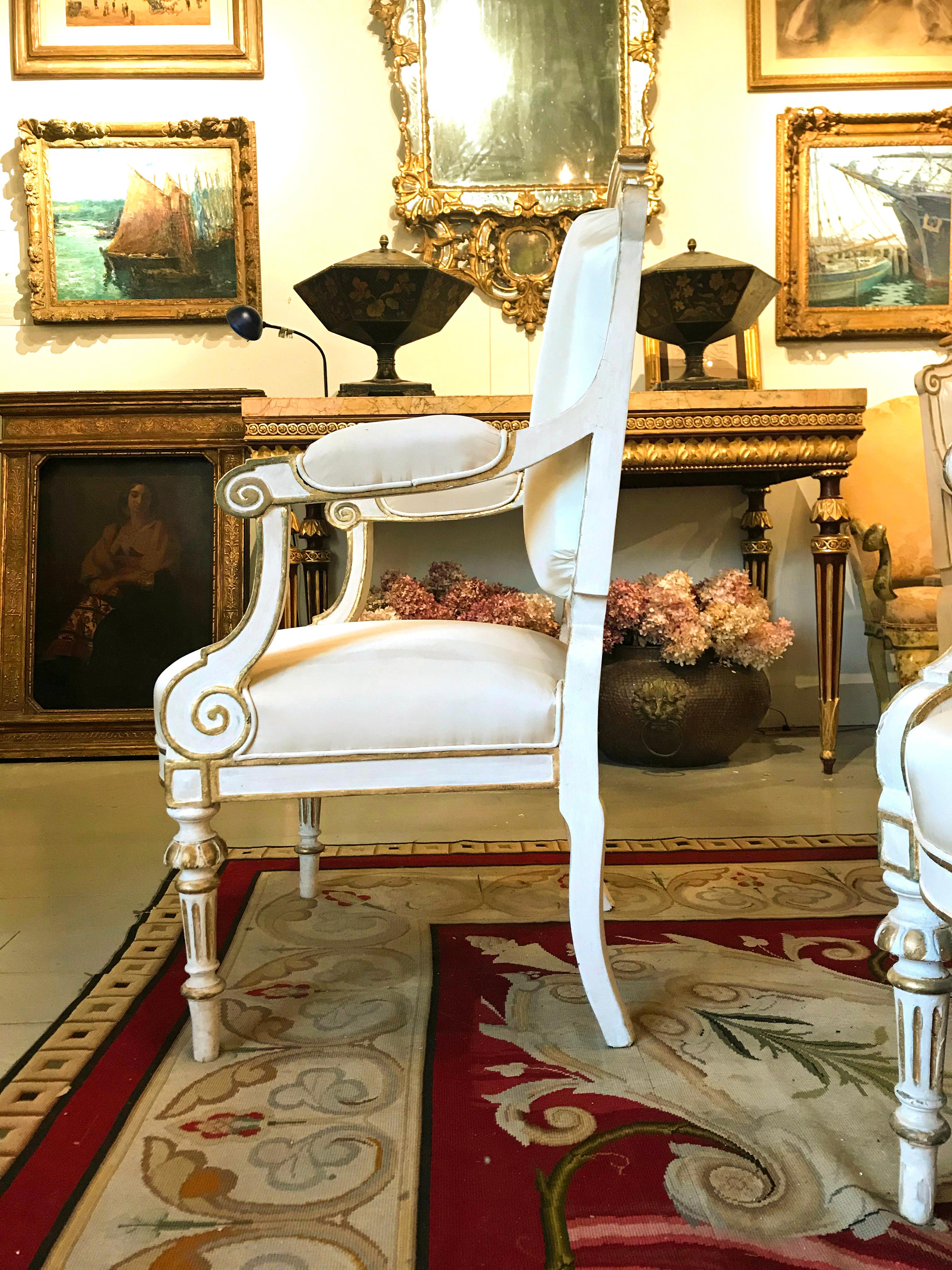 Wool A Set of Eight Italian  Painted & Parcel Gilt Fauteuils, Early 19th Century For Sale