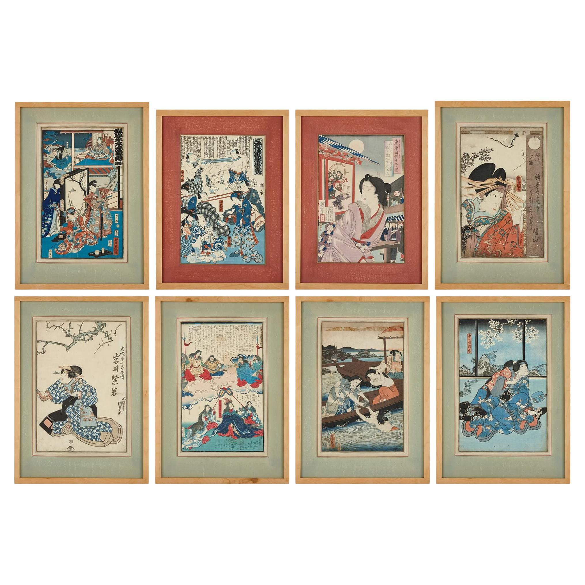 Set von acht japanischen Holzschnitten aus der Meiji-Ära
