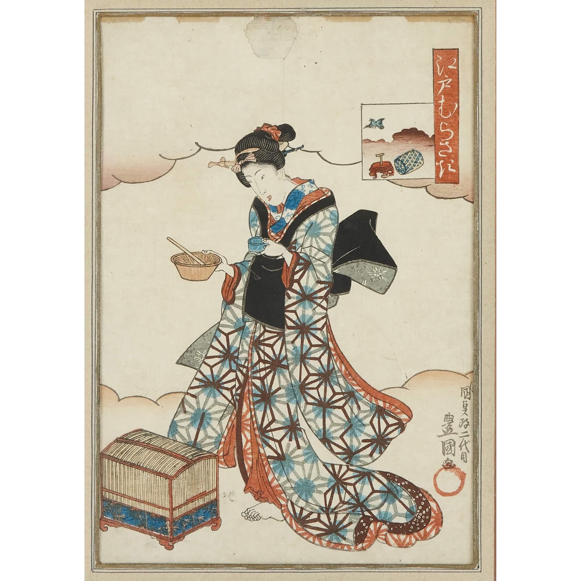 A set of eight Japanese Meiji Era woodblock prints.
Japanese, Late 19th century.
Frames: small: height 40cm, width 31cm, depth 1cm - prints: 25 x 17.
Medium: height 49cm, width 37cm, depth 1cm - prints: 35 x 24. 
Large: height 52cm, width 37cm,