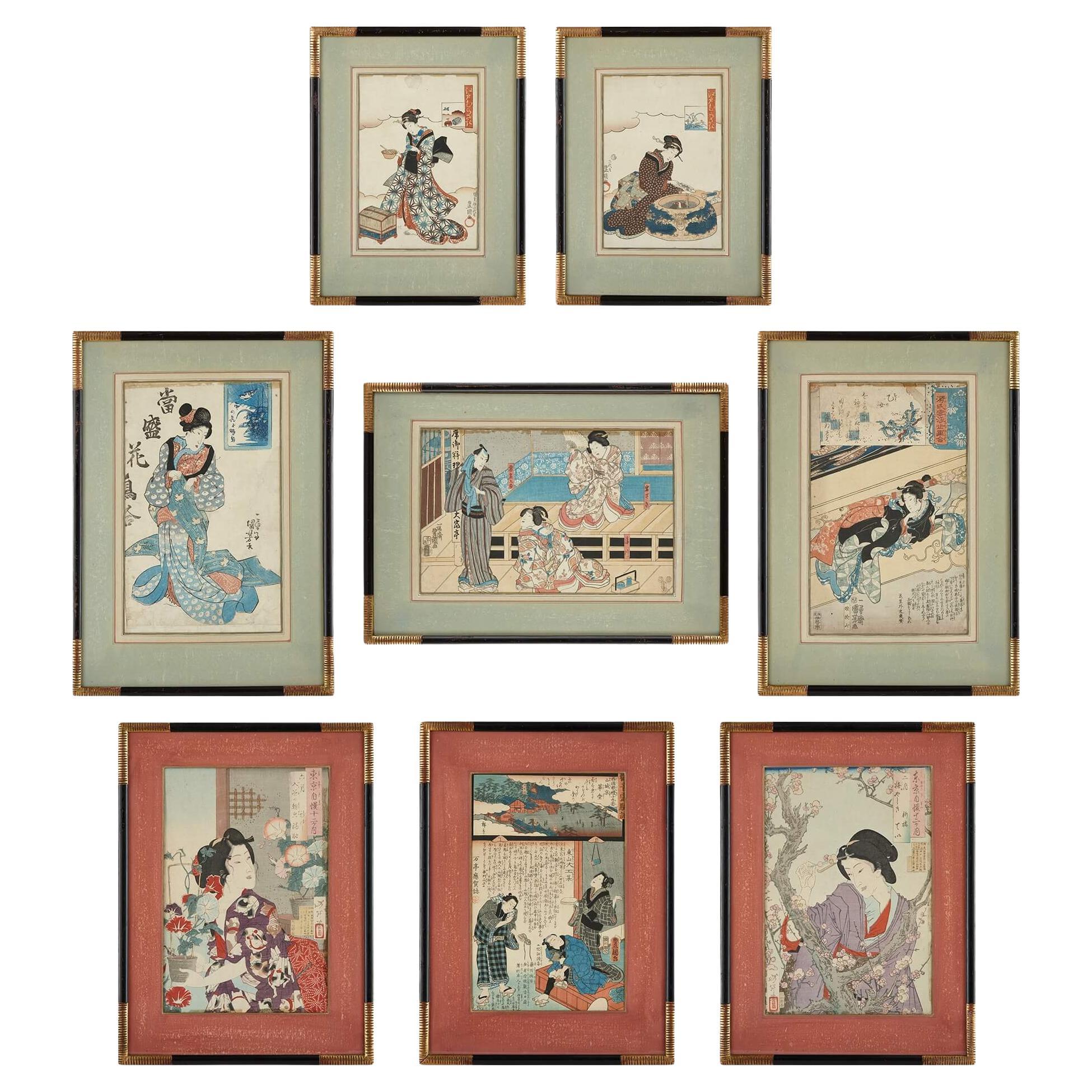 Satz von acht japanischen Farbholzschnitten der Meiji-Ära