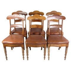 Set of Eight Late Empire Chairs in High Quality Brown Leather in Mahogany