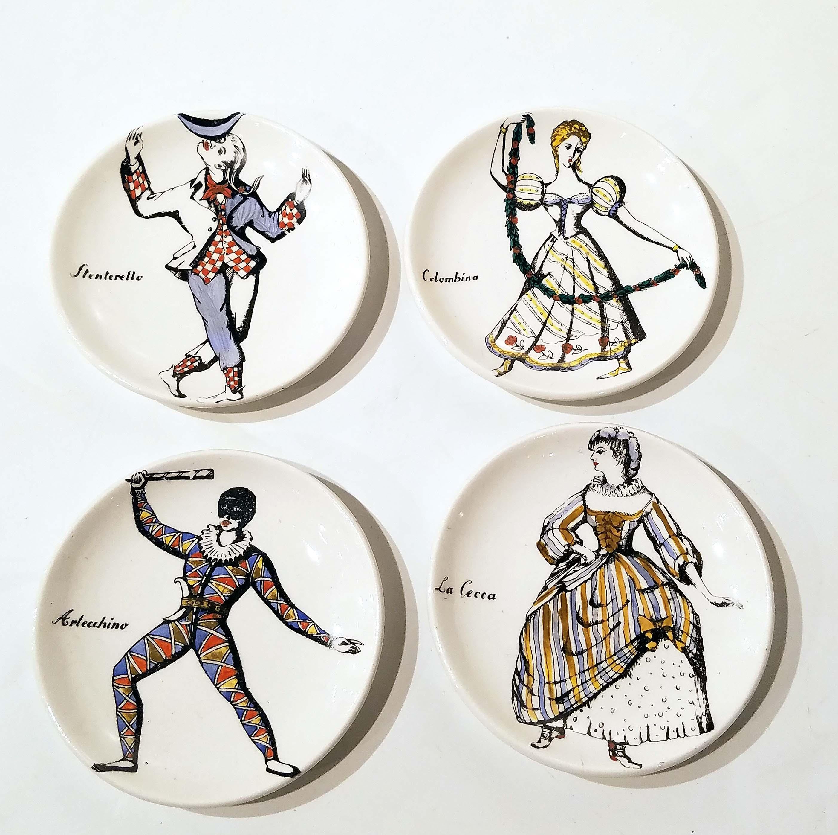 Mid-Century Modern Set of Eight 'Maschere Italiane' Coasters, 1950s Piero Fornasetti