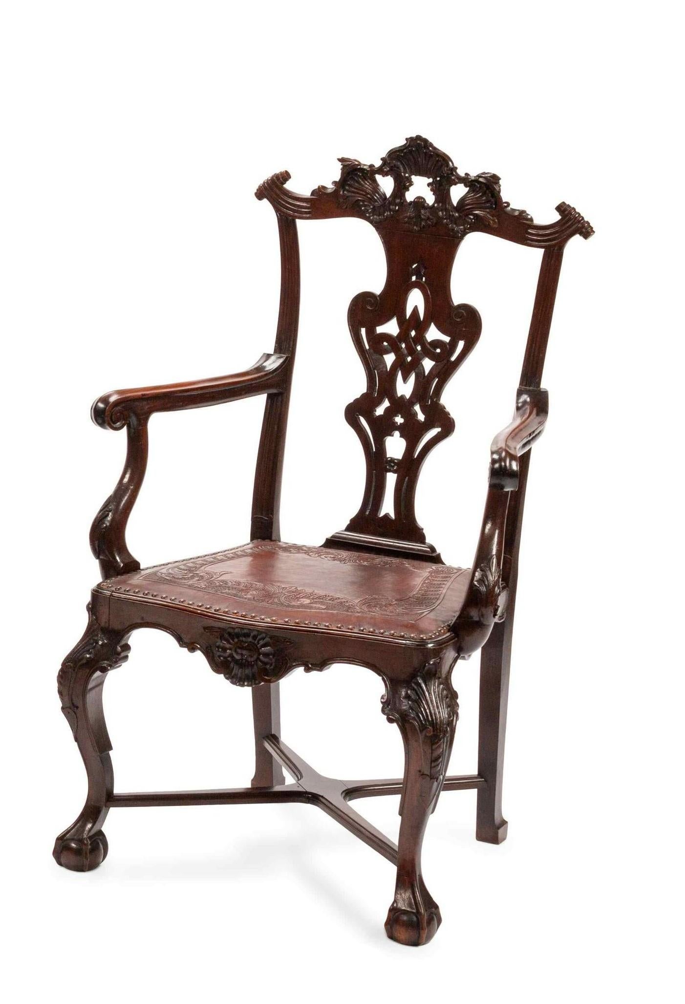 A fine set of eight Portuguese mahogany armchairs, original embossed, tooled and nail studded leather seats, 19th century. A rare find
Measures: Height 43.75 x width 26 x depth 19 inches, 19 inches seat height.
CW4842.