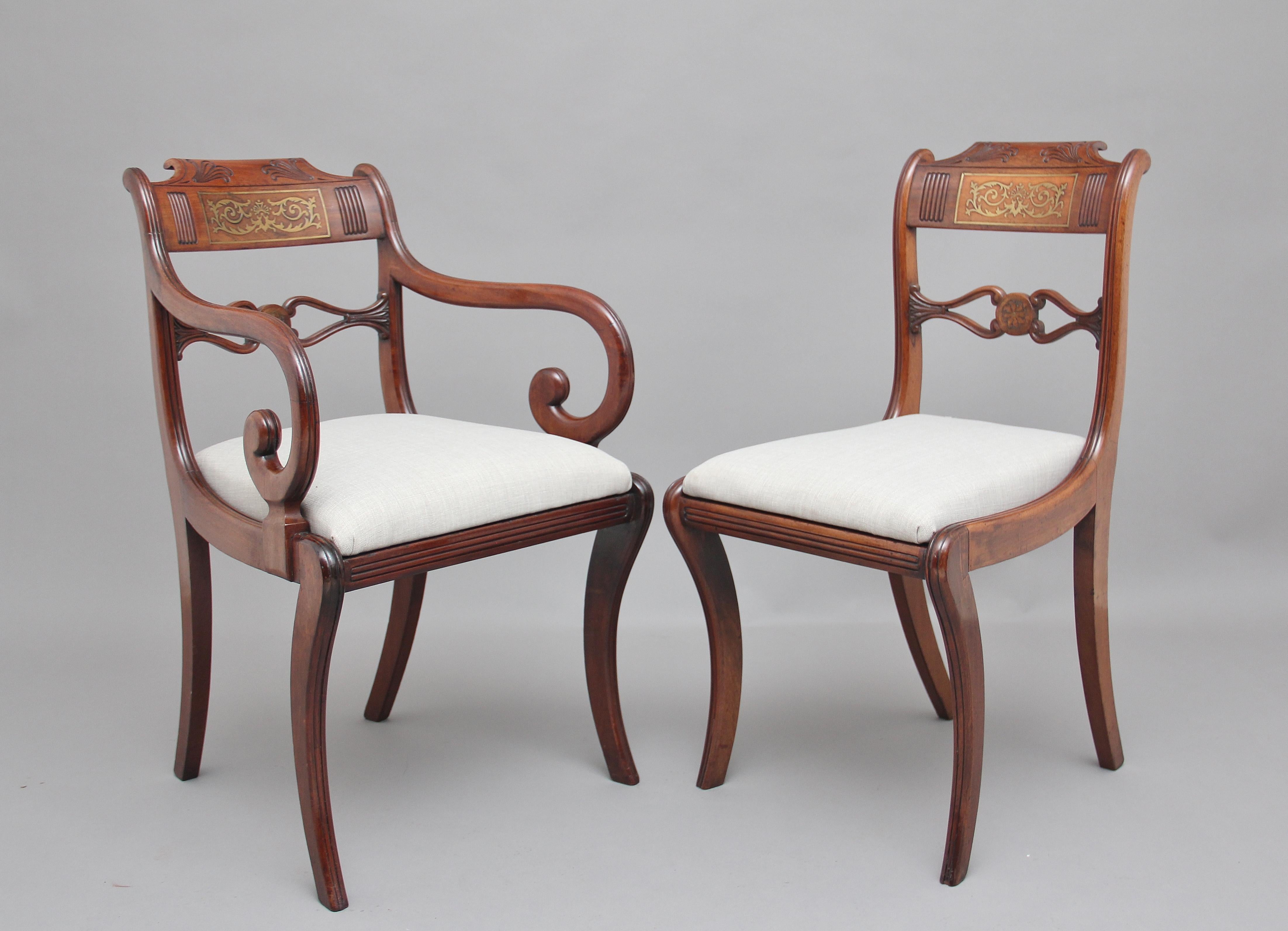 English Set of Eight Regency Mahogany and Brass Inlaid Dining Chairs