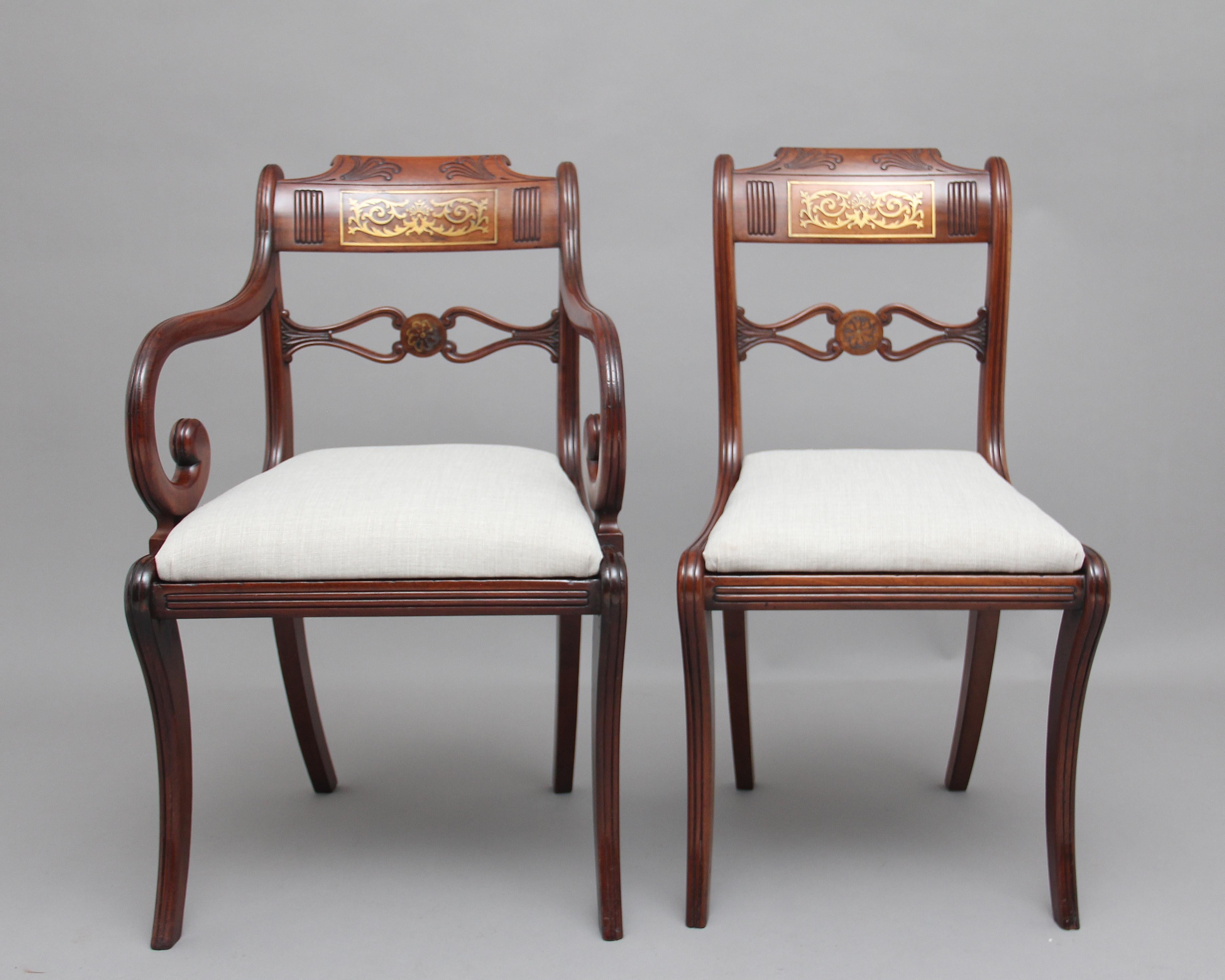 Set of Eight Regency Mahogany and Brass Inlaid Dining Chairs In Good Condition In Martlesham, GB