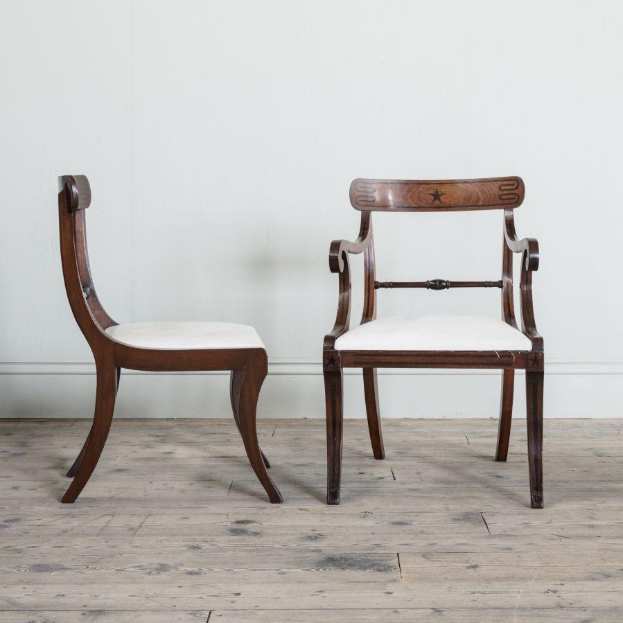 English Set of Eight Regency Mahogany Dining Chairs, Including a Pair of Elbow Chairs For Sale