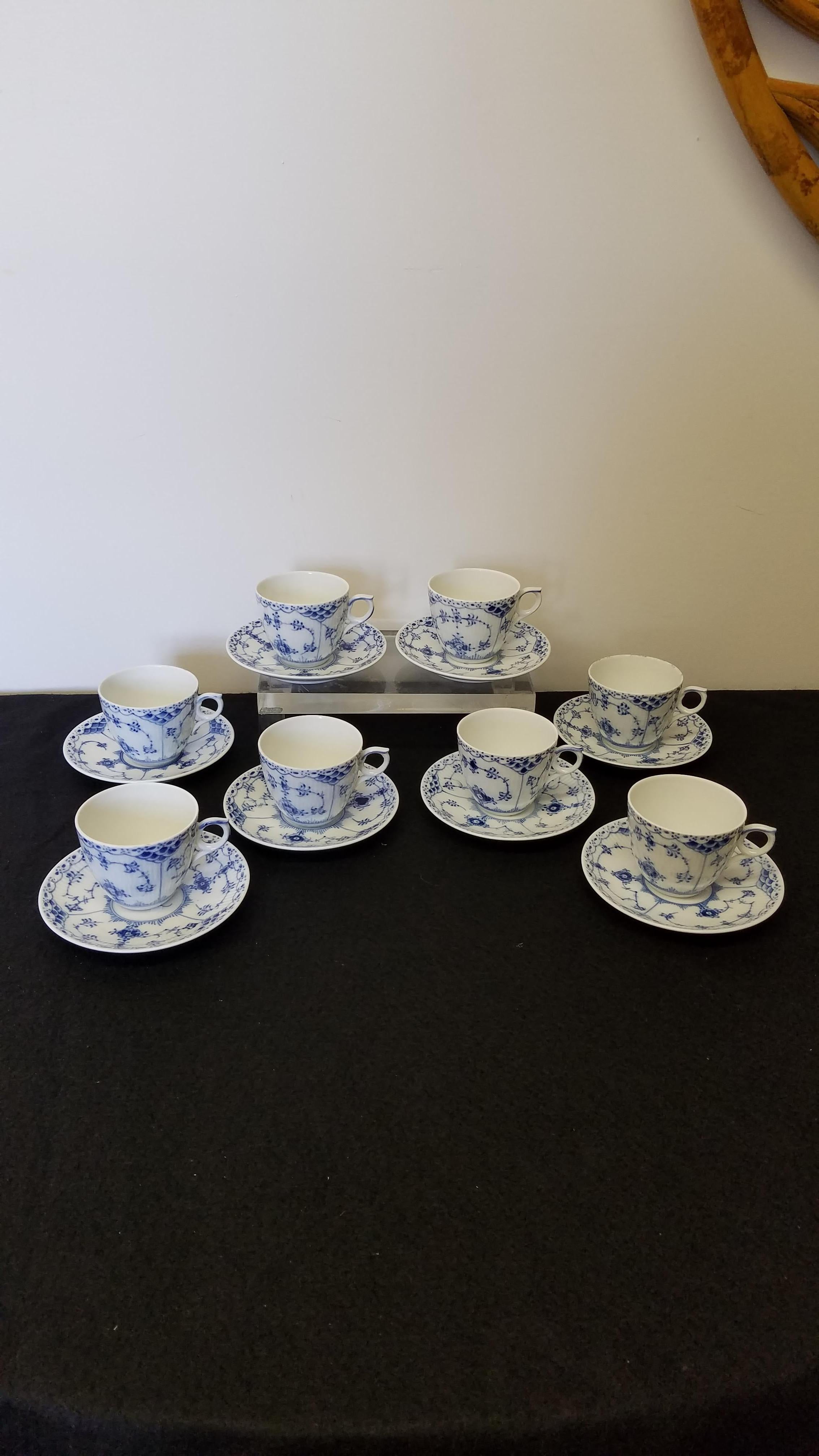 Danish Set of Eight Royal Copenhagen Half Lace Demi Tasse Espresso Cups and Saucers