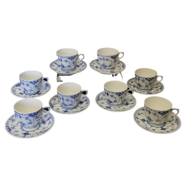 Set of Eight Royal Copenhagen Half Lace Demi Tasse Espresso Cups and Saucers For Sale