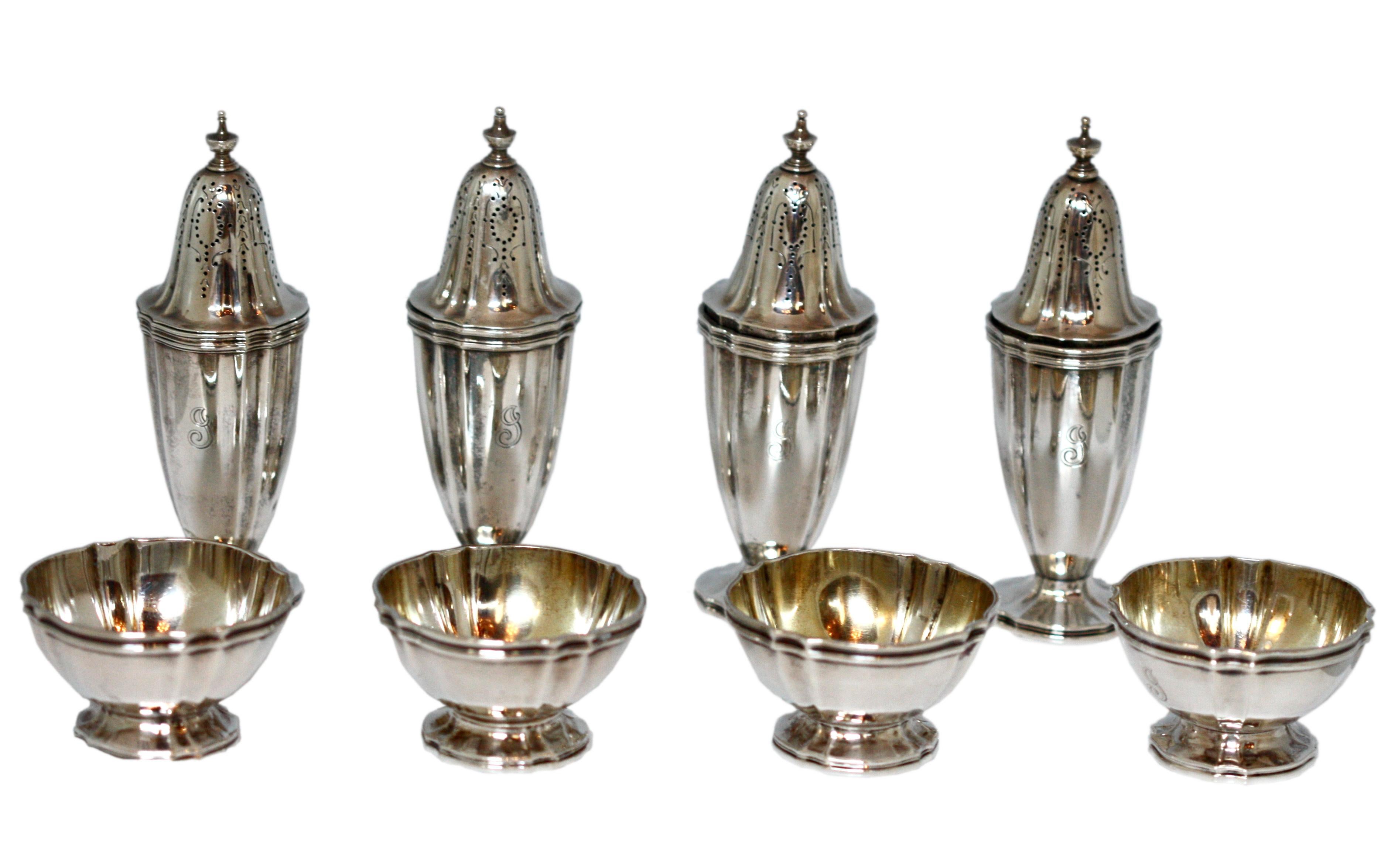 Set of Eight, Tiffany & Co., Sterling Silver Open Salts & Pepper Shakers For Sale 4