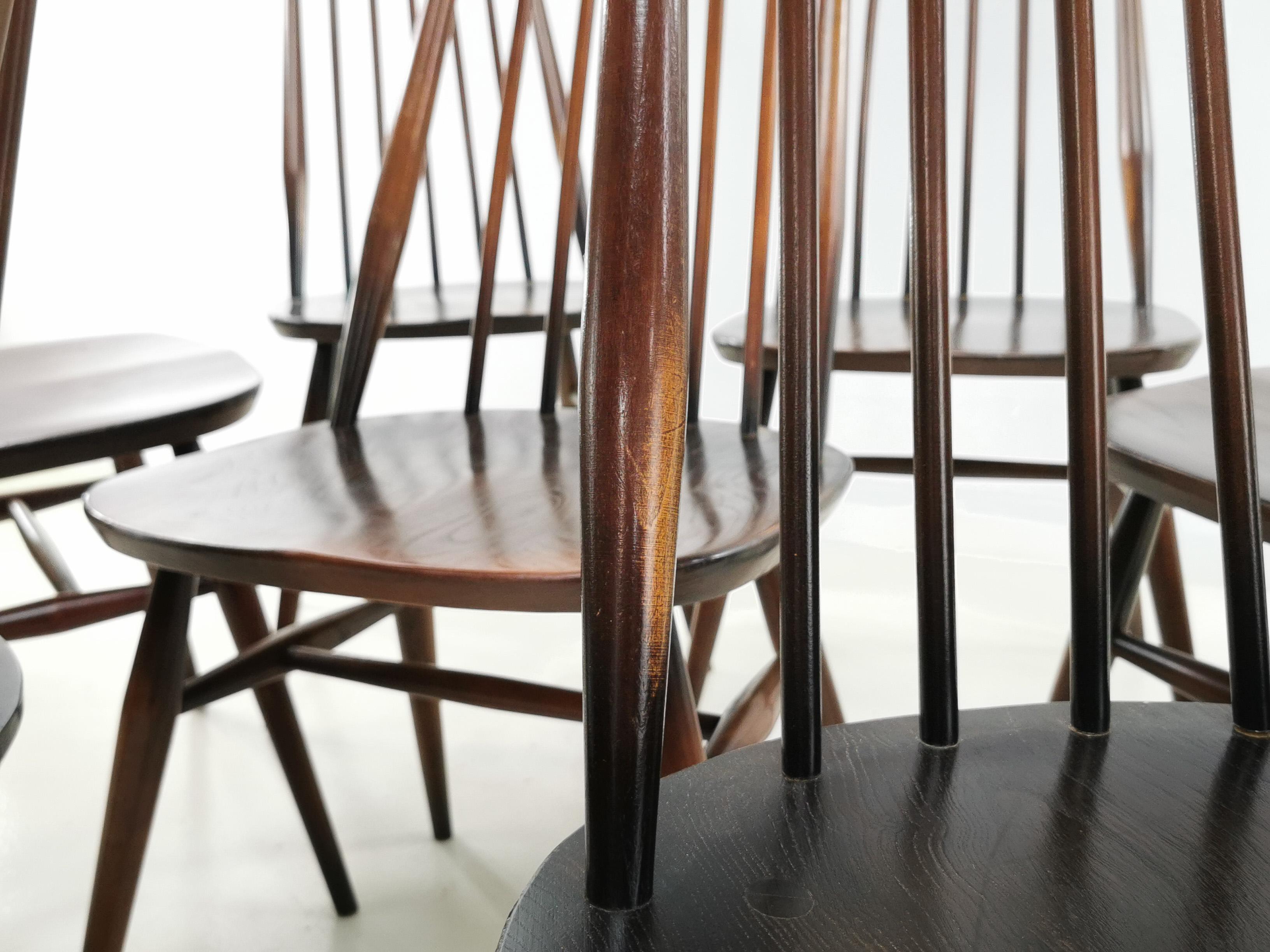 Mid-Century Modern Set of Eight Vintage Ercol Elm & Beech Goldsmith Dining Chairs Midcentury