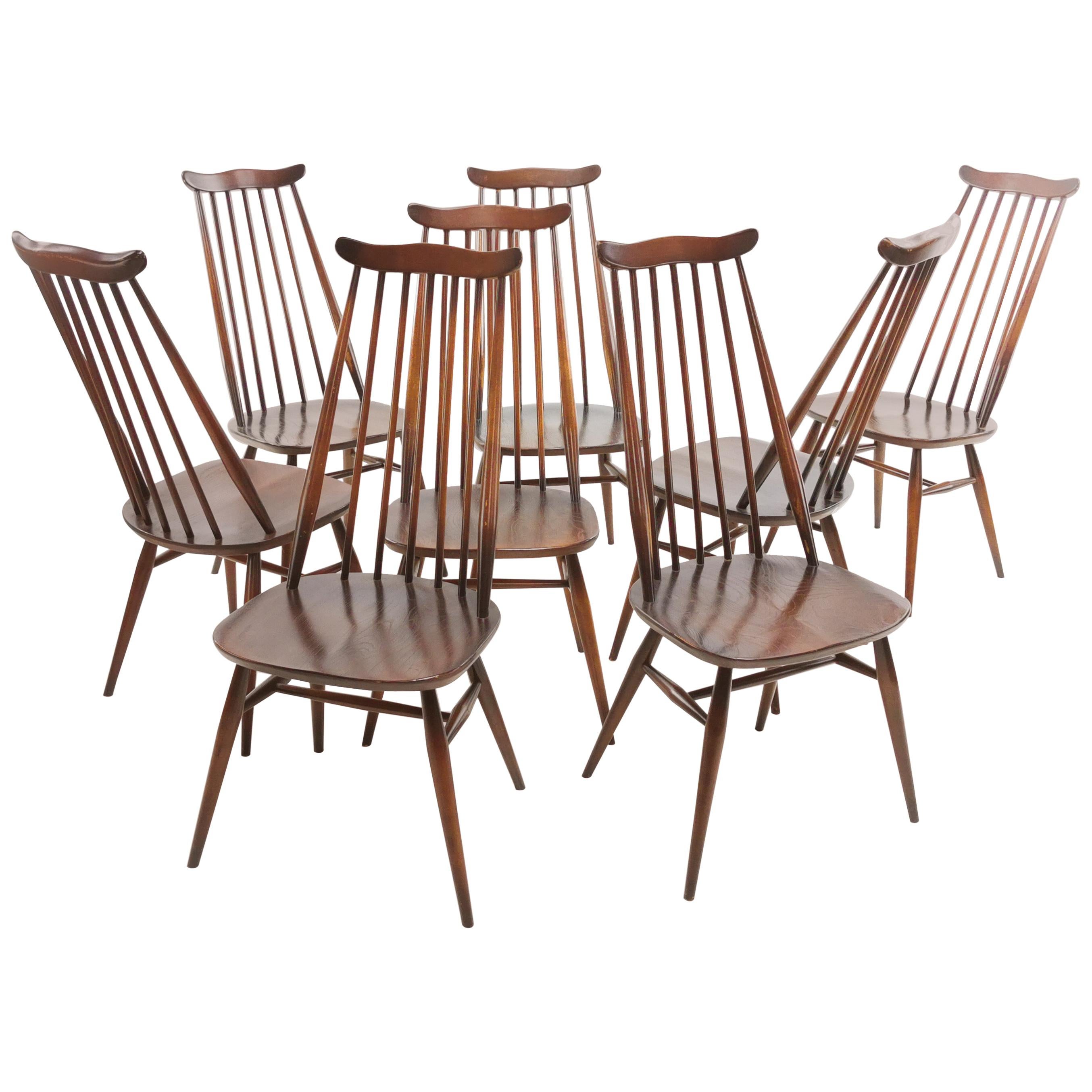 Set of Eight Vintage Ercol Elm & Beech Goldsmith Dining Chairs Midcentury