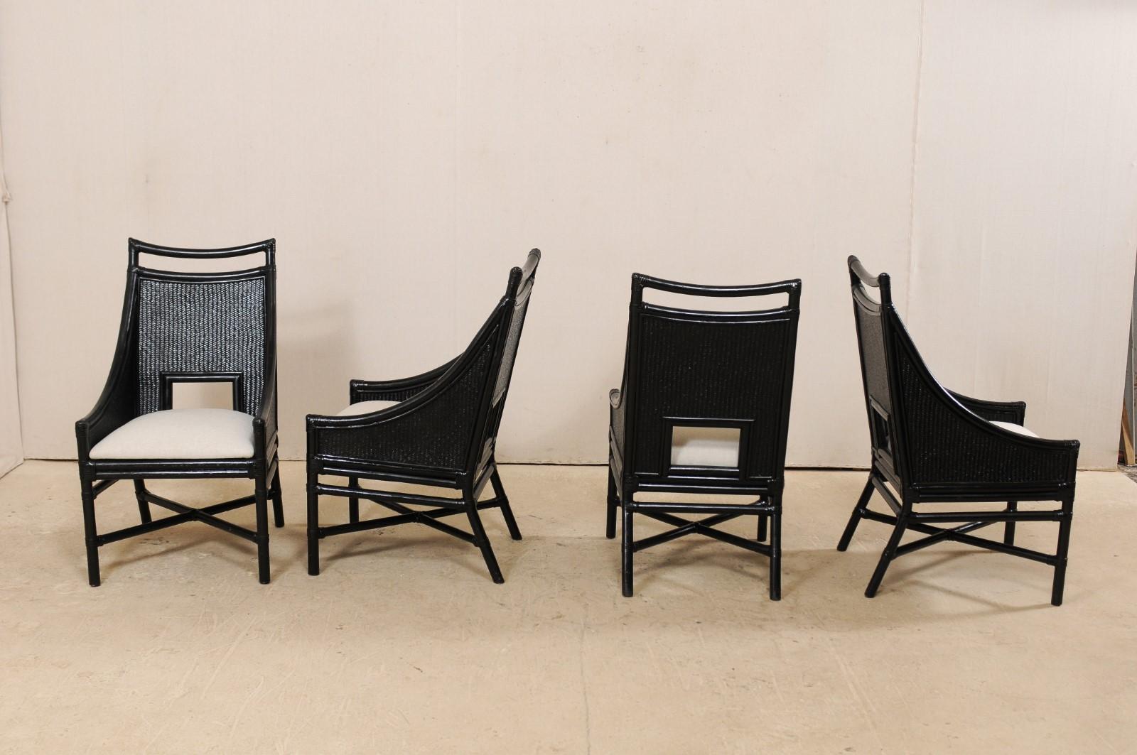 American Set of Eight Vintage Painted Bamboo and Cane Chairs with Newly Upholstered Seats