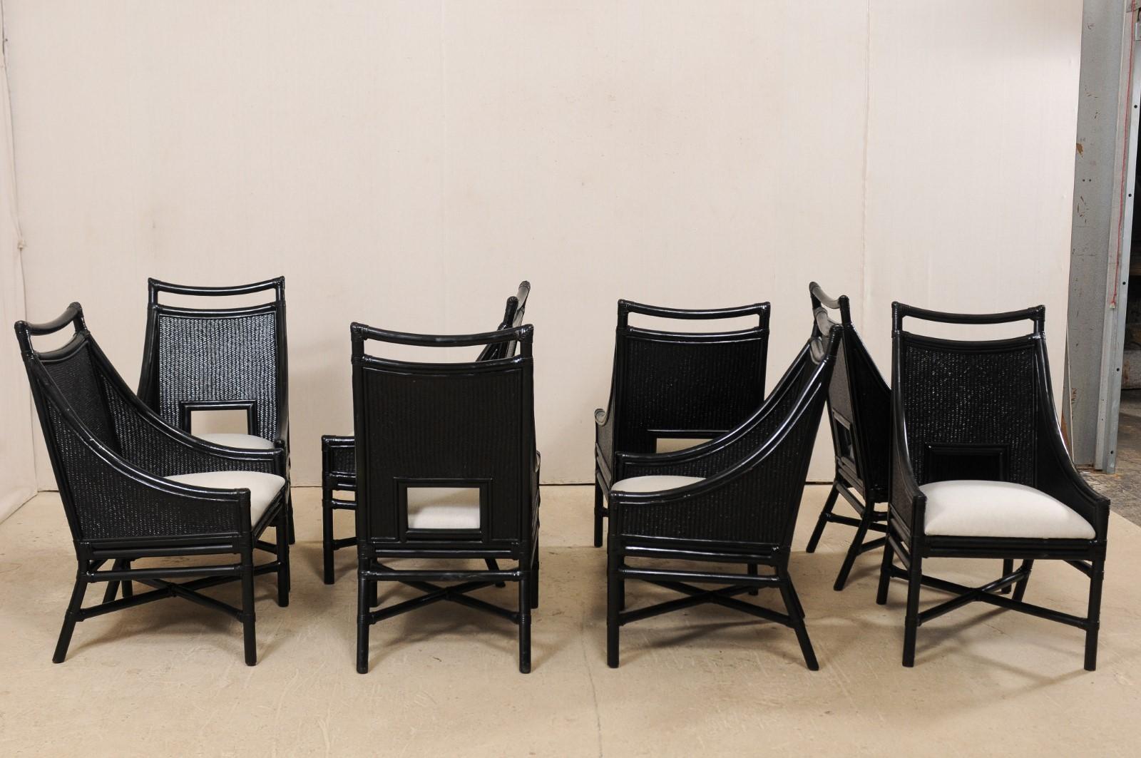 Set of Eight Vintage Painted Bamboo and Cane Chairs with Newly Upholstered Seats In Good Condition In Atlanta, GA