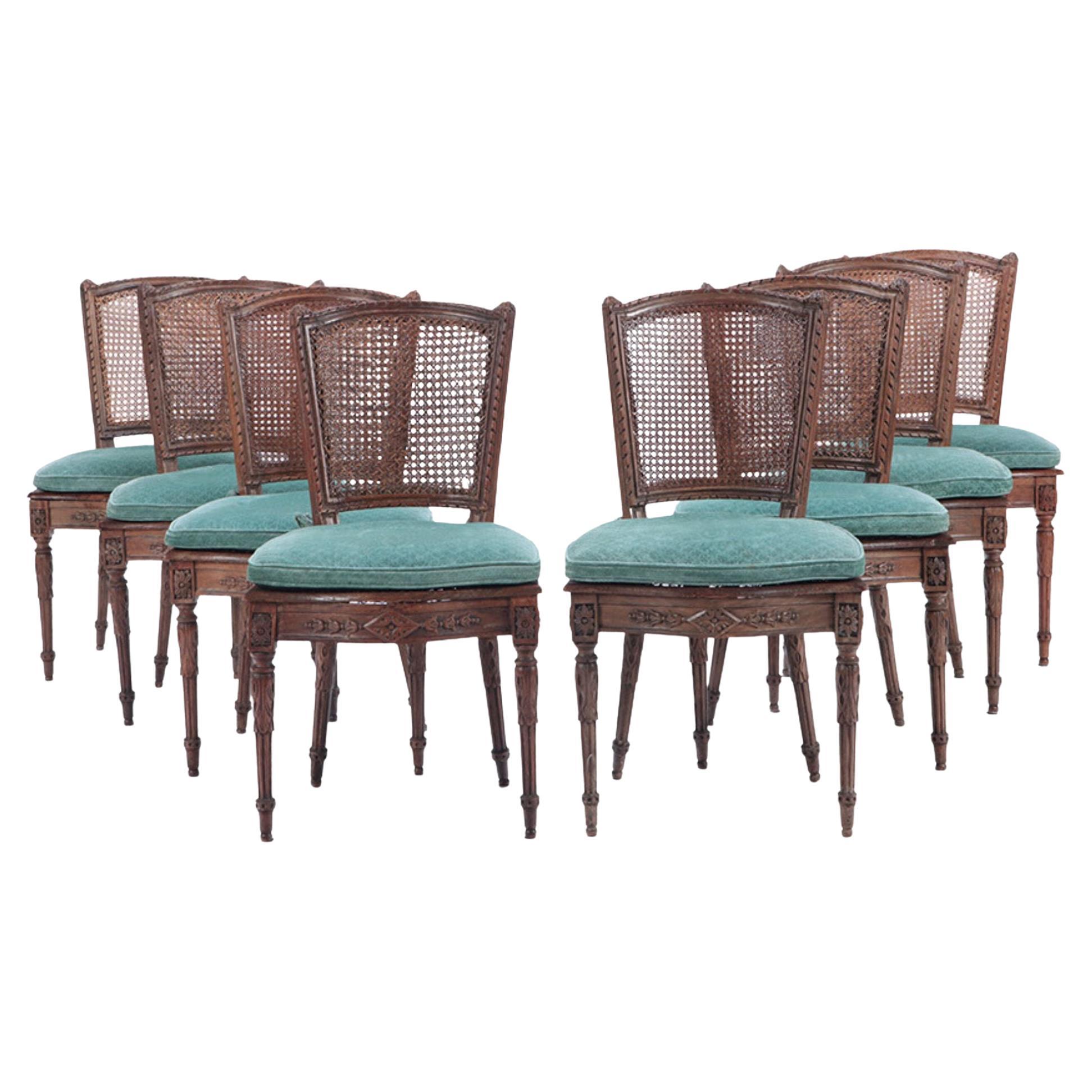 Set of Eight Walnut and Cane Dining Room Chairs, Early 19th Century
