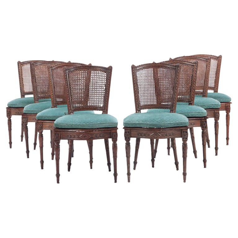 Set of Eight Walnut and Cane Dining Room Chairs, Early 19th Century For