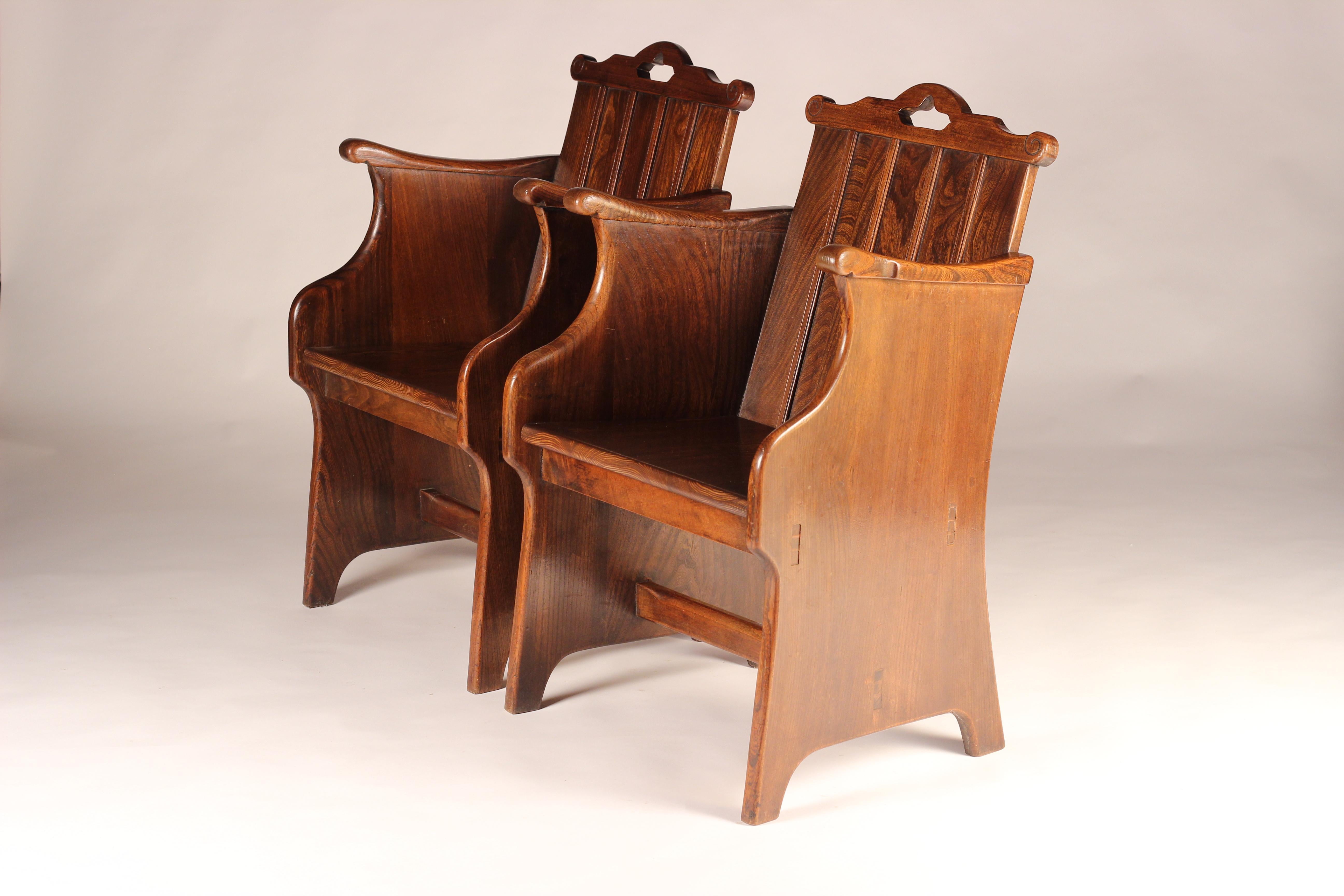 Set of Elm Tub Arts and Crafts Chairs with Panelled Backs and Carry Handles For Sale 8