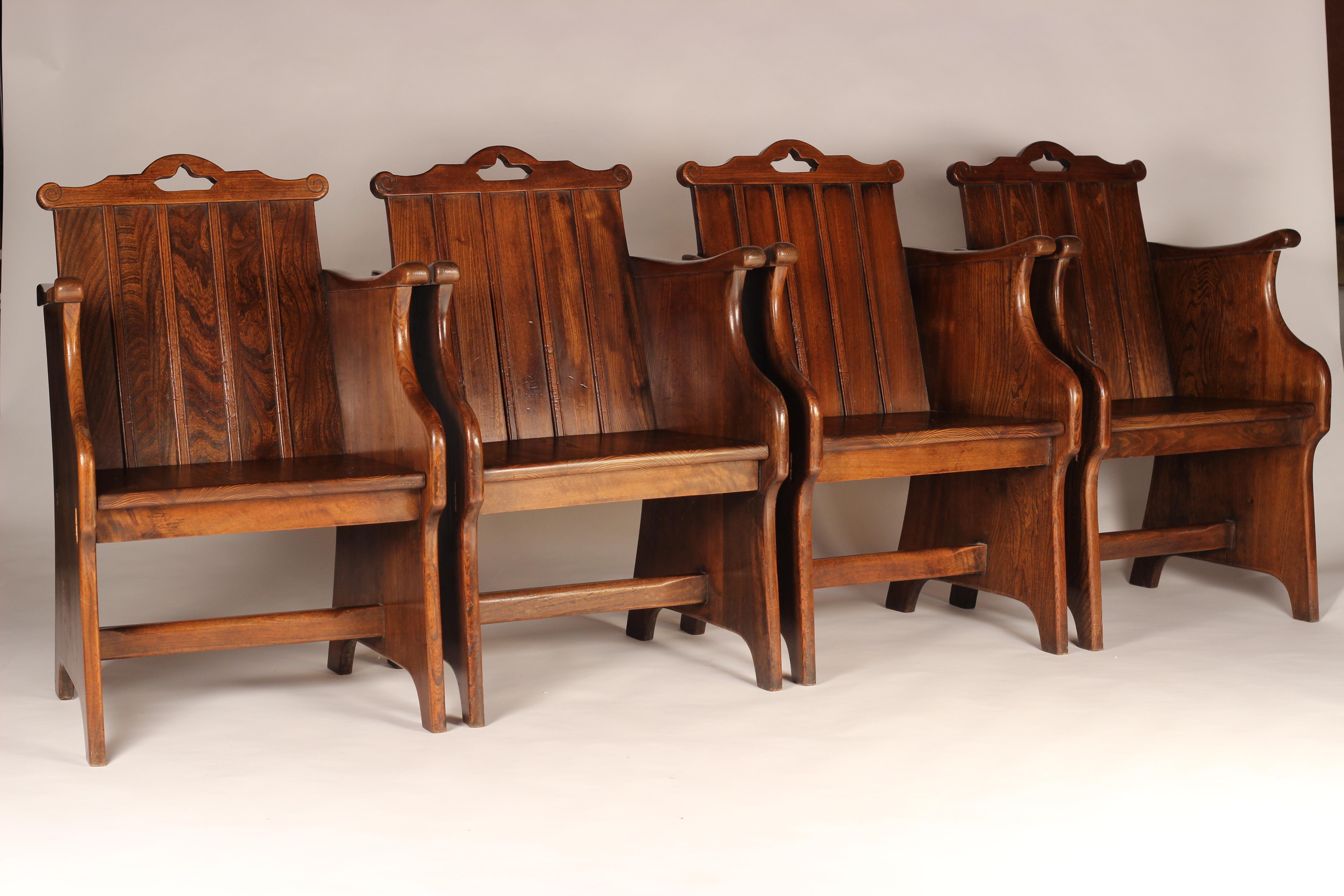 Set of Elm Tub Arts and Crafts Chairs with Panelled Backs and Carry Handles For Sale 11