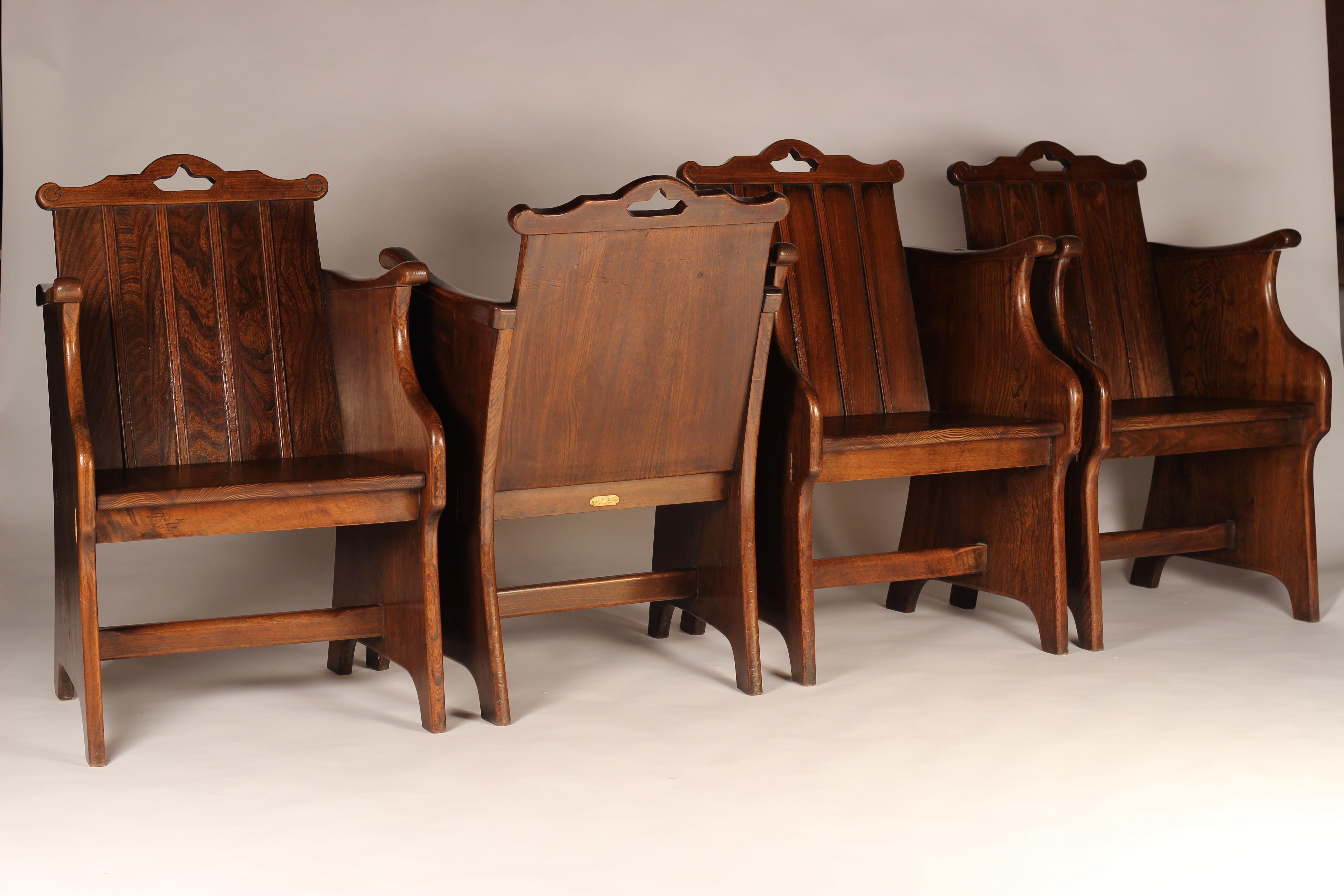 English Set of Elm Tub Arts and Crafts Chairs with Panelled Backs and Carry Handles For Sale