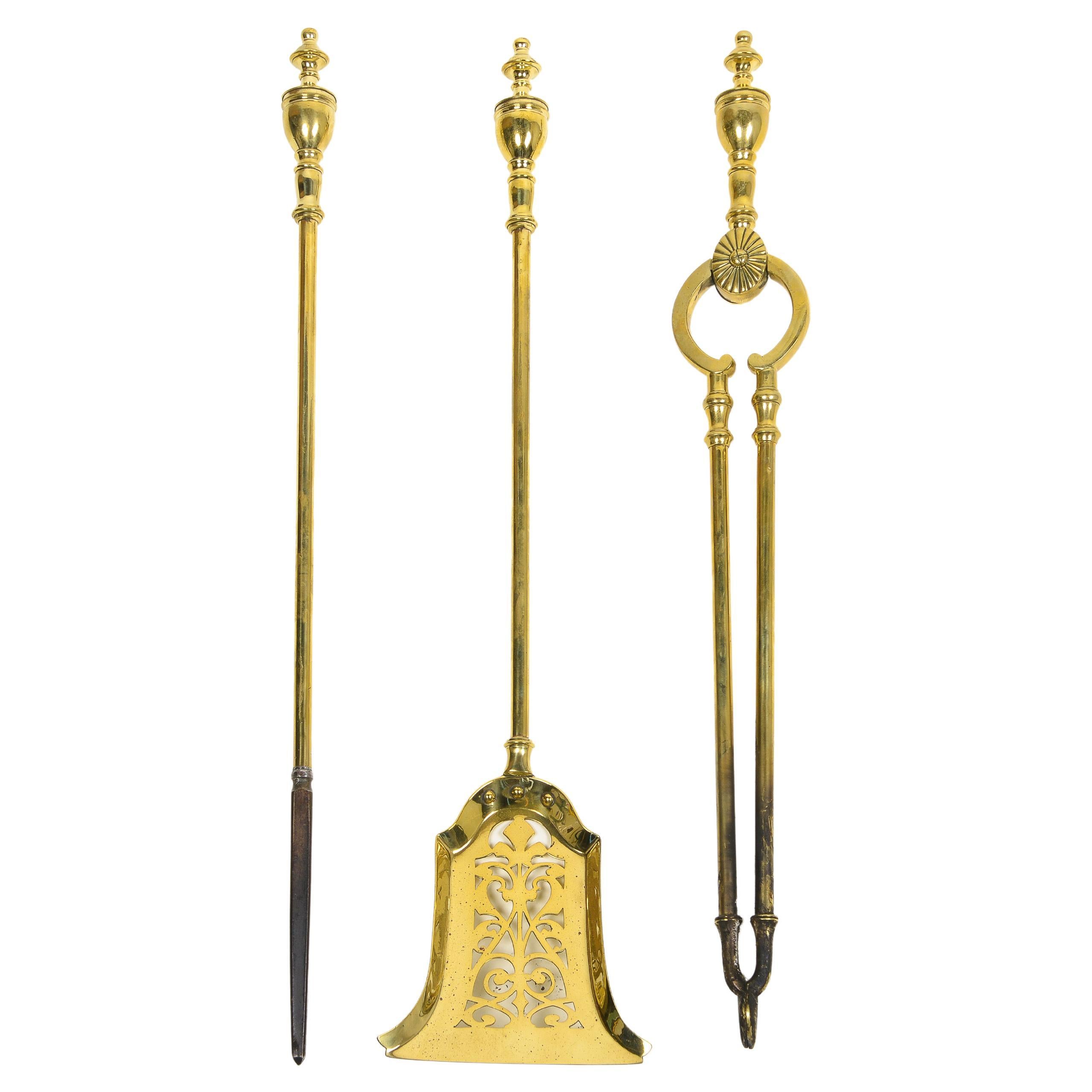Set of English Cast Brass Fire Tools For Sale