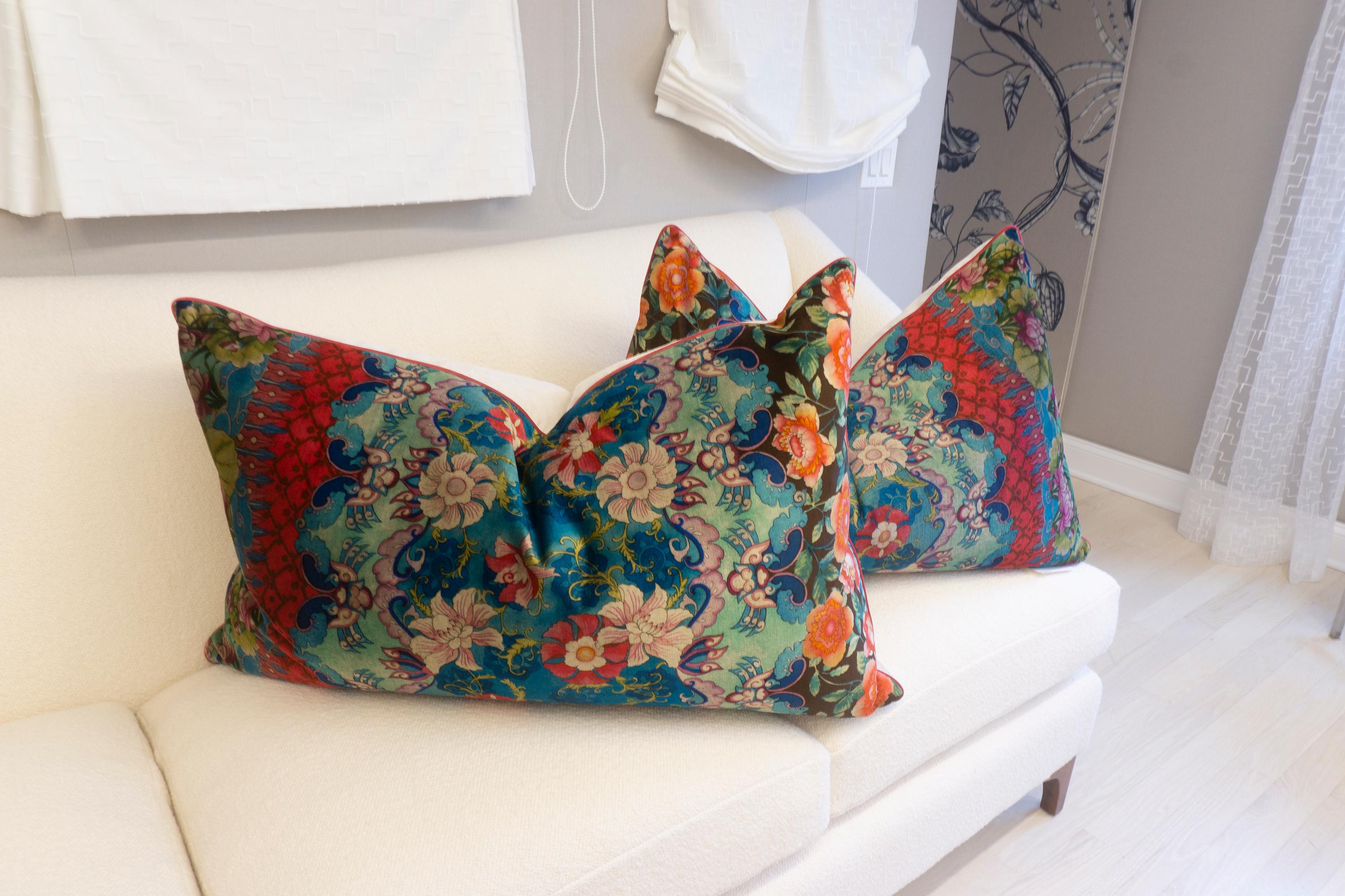 This set of extra large throw pillows were hand sewn at our Studio in Norwalk, Connecticut. These pillows feature a
colorful Mediterranean inspired floral pattern in velvet for the front and an off white chenille for the back. The pillows are