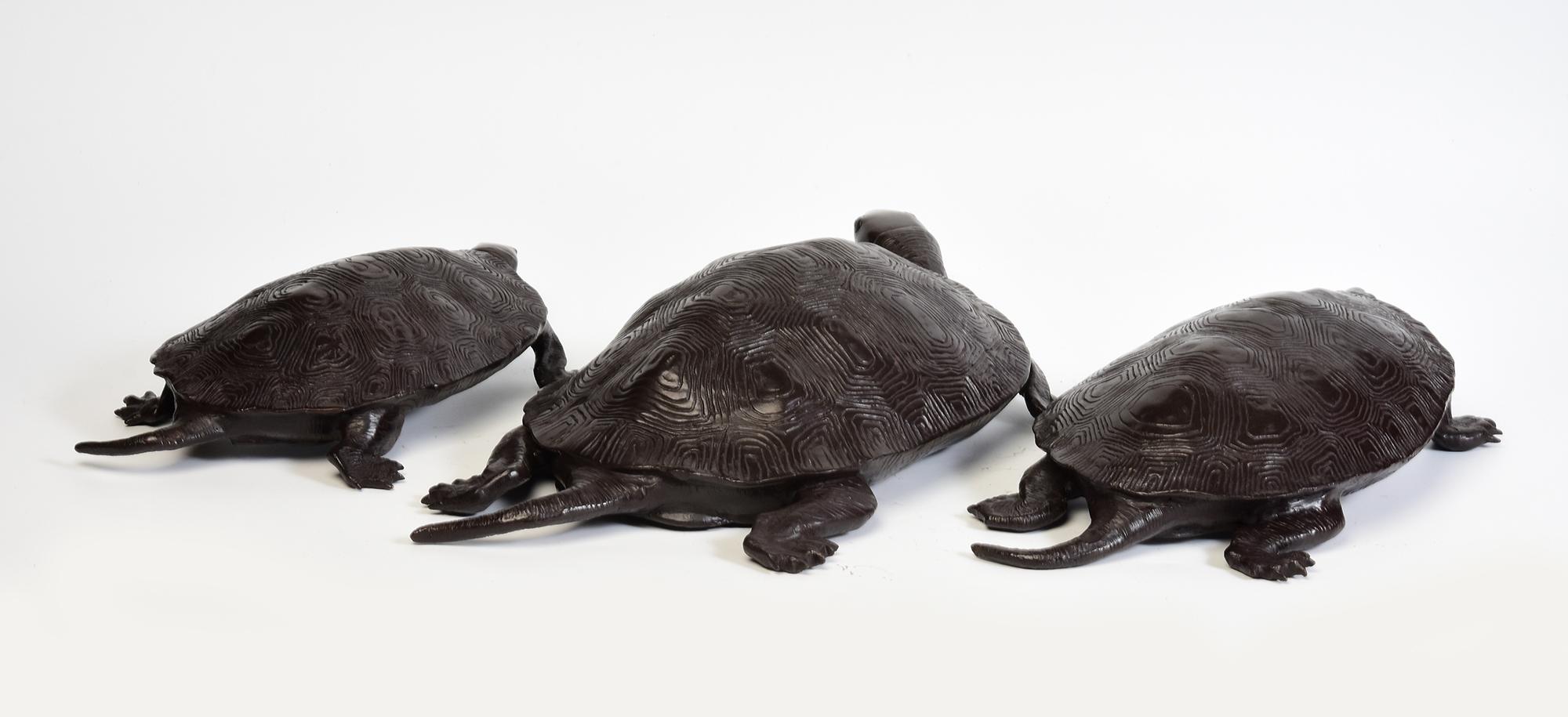 A Set of Finely Cast Asian Bronze Triple Tortoises Animal Statues For Sale 6