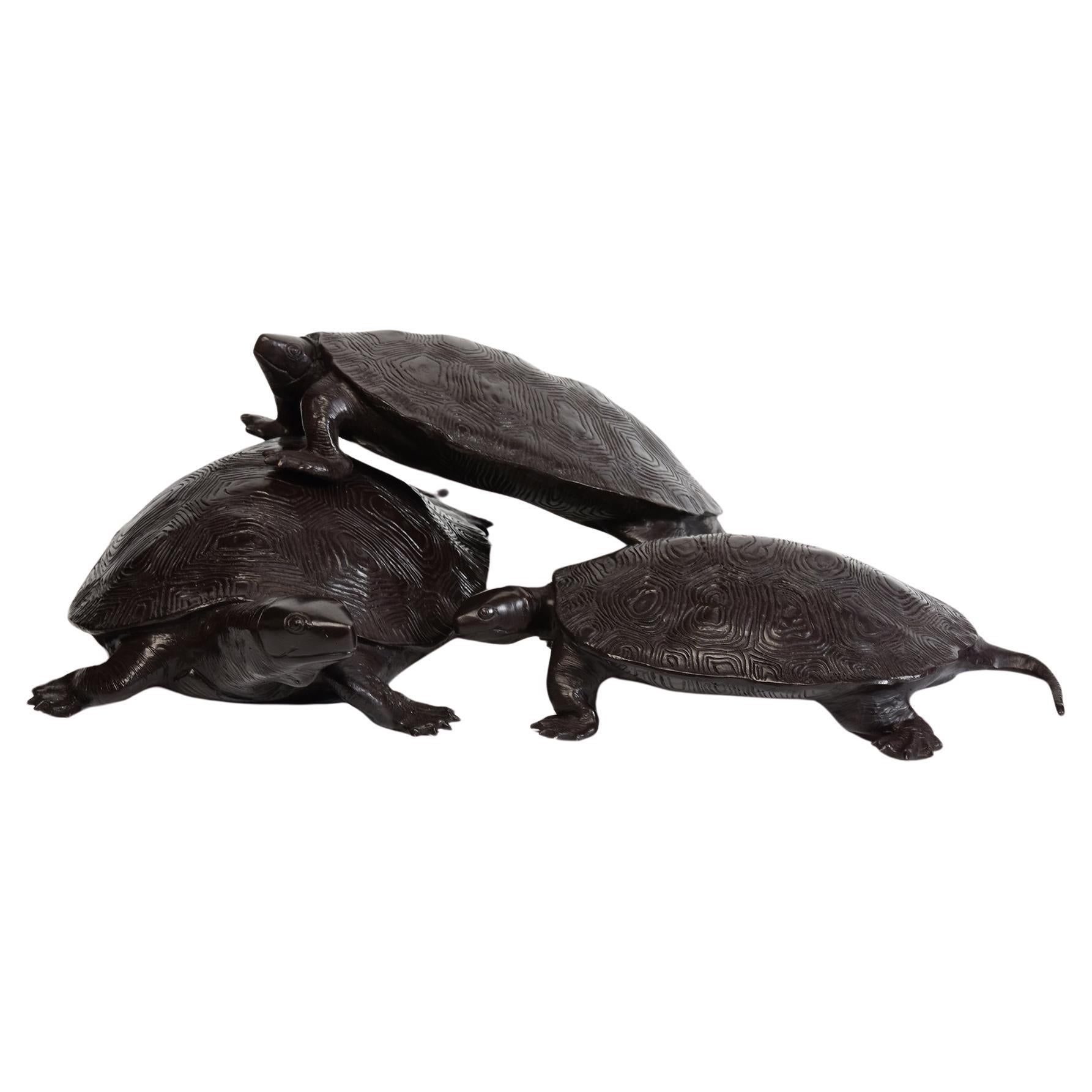 A Set of Finely Cast Asian Bronze Triple Tortoises Animal Statues For Sale
