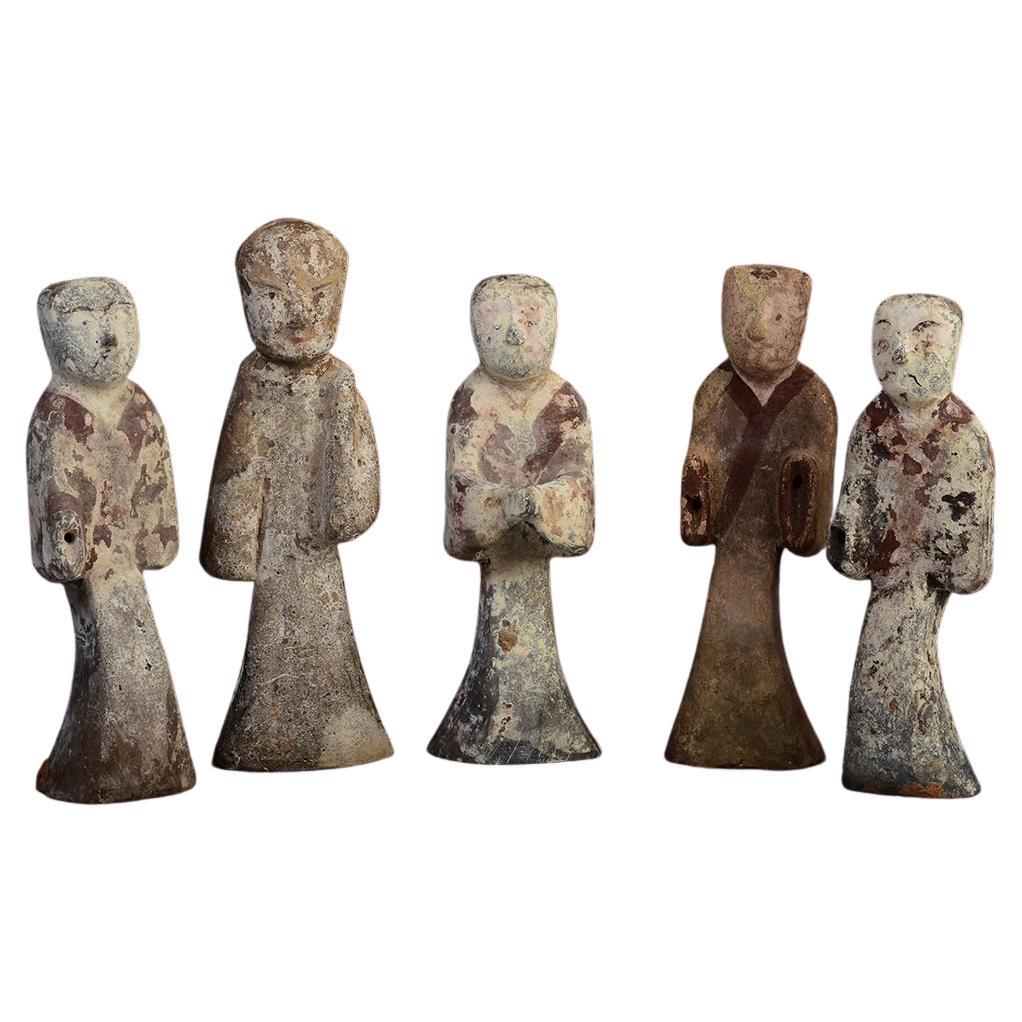 Set of Five Antique Han Dynasty Chinese Painted Pottery Figures of Attendants