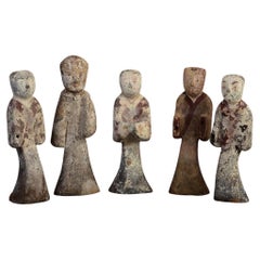 Set of Five Used Han Dynasty Chinese Painted Pottery Figures of Attendants