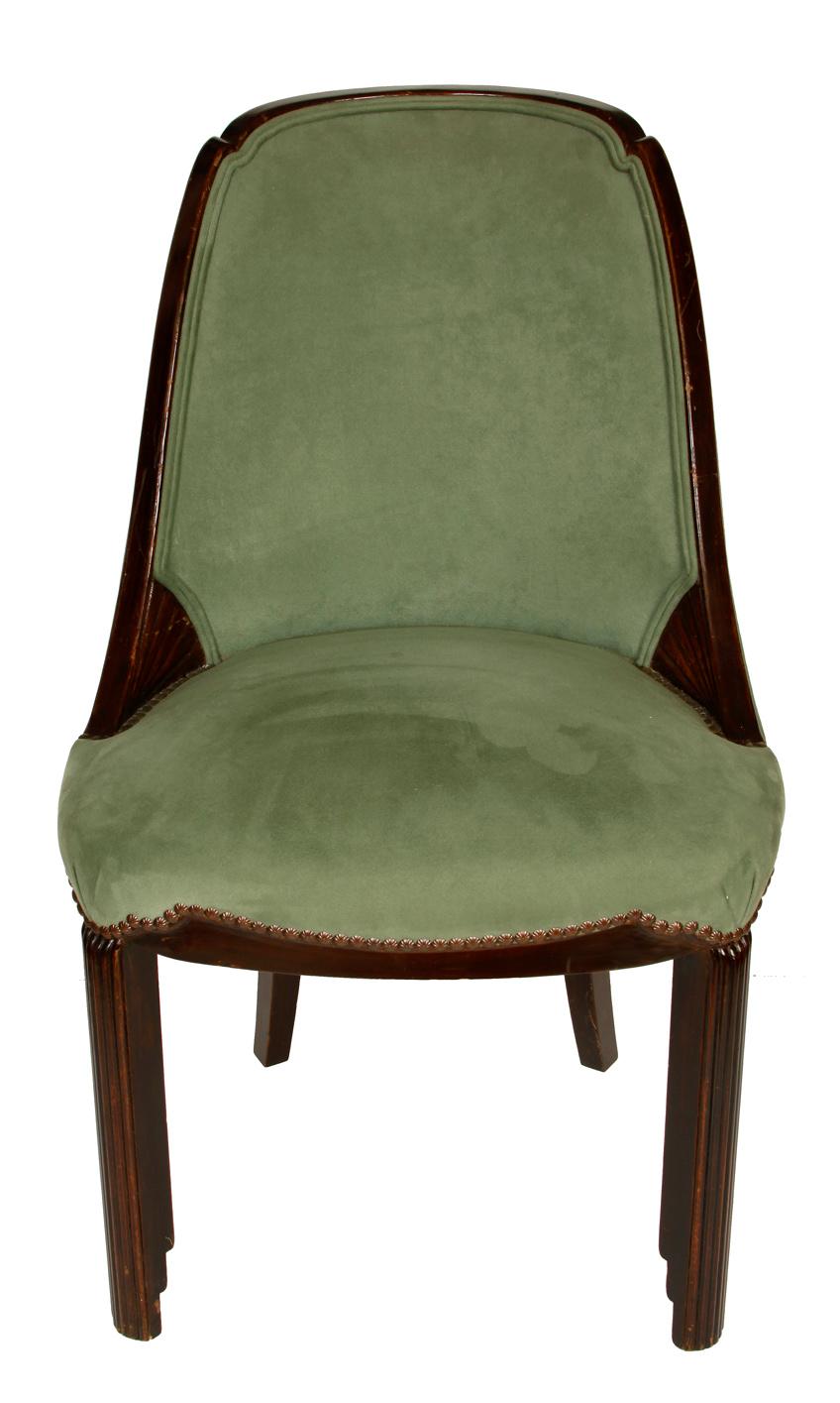 A set of five Art Deco mahogany side chairs with green ultrasuede fabric.