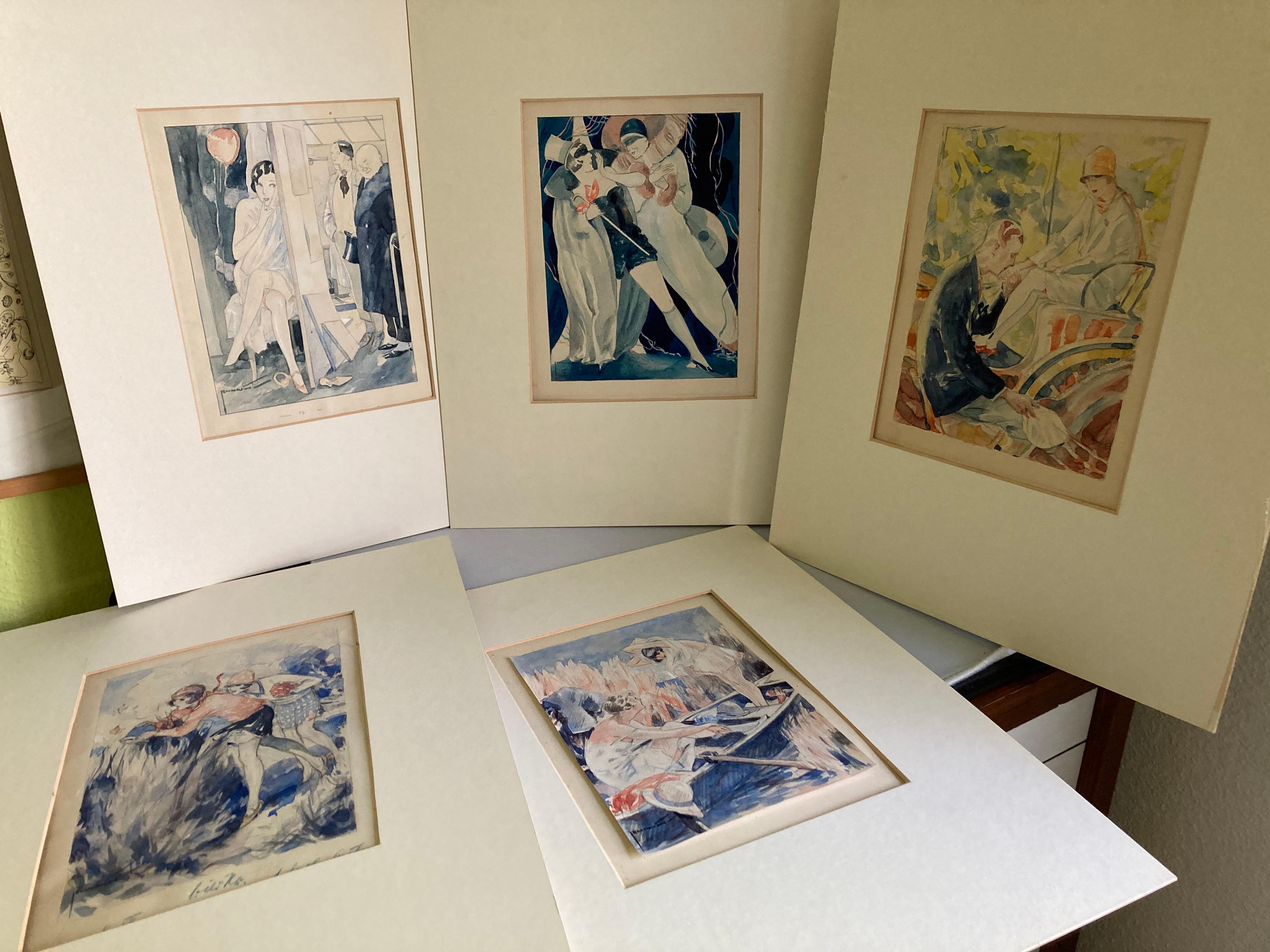 A set of five German  Art Déco watercolor drawings by Willi Jennrich. 1920s. For Sale 10