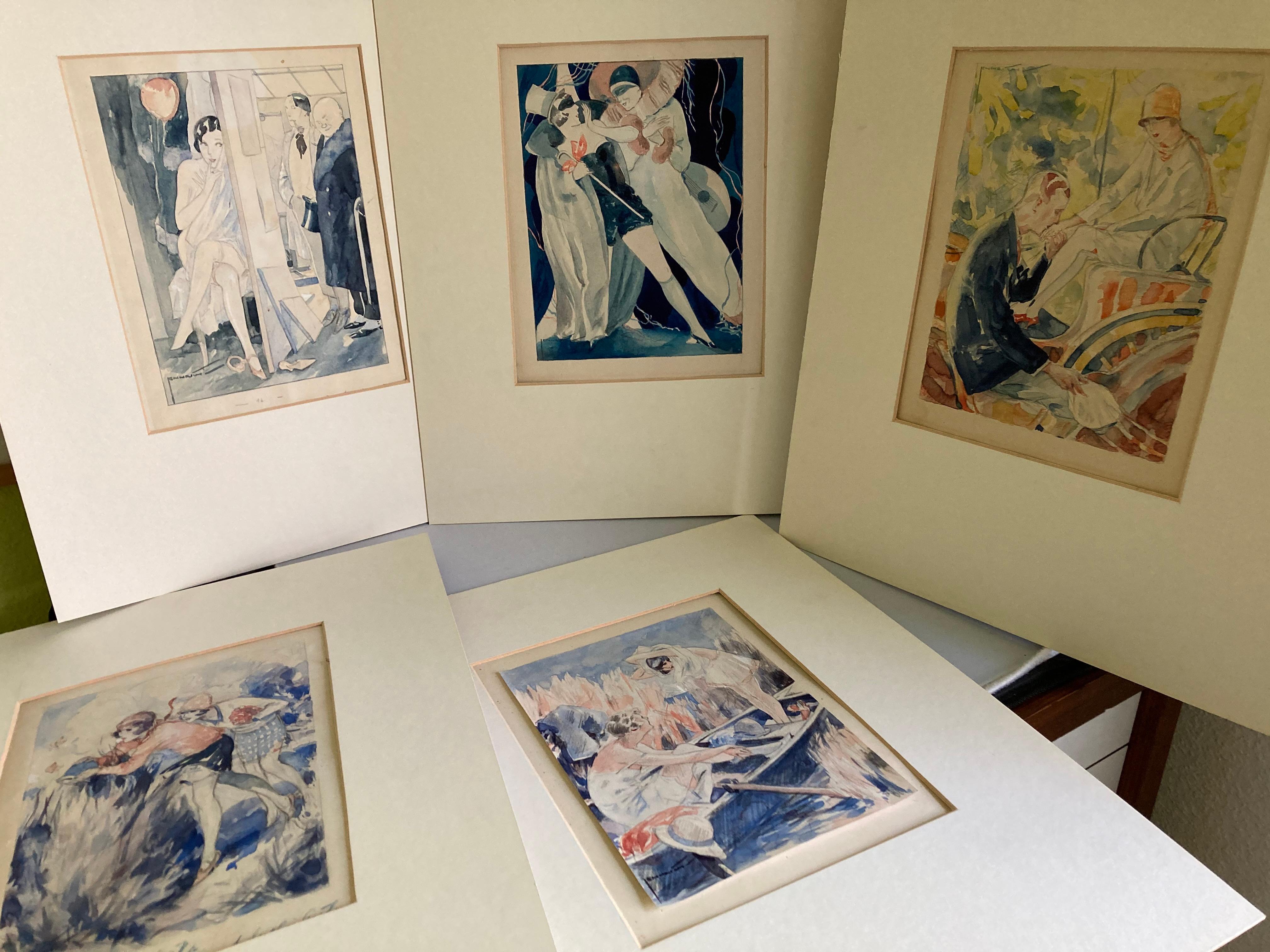 A set of five German  Art Déco watercolor drawings by Willi Jennrich. 1920s. For Sale 11