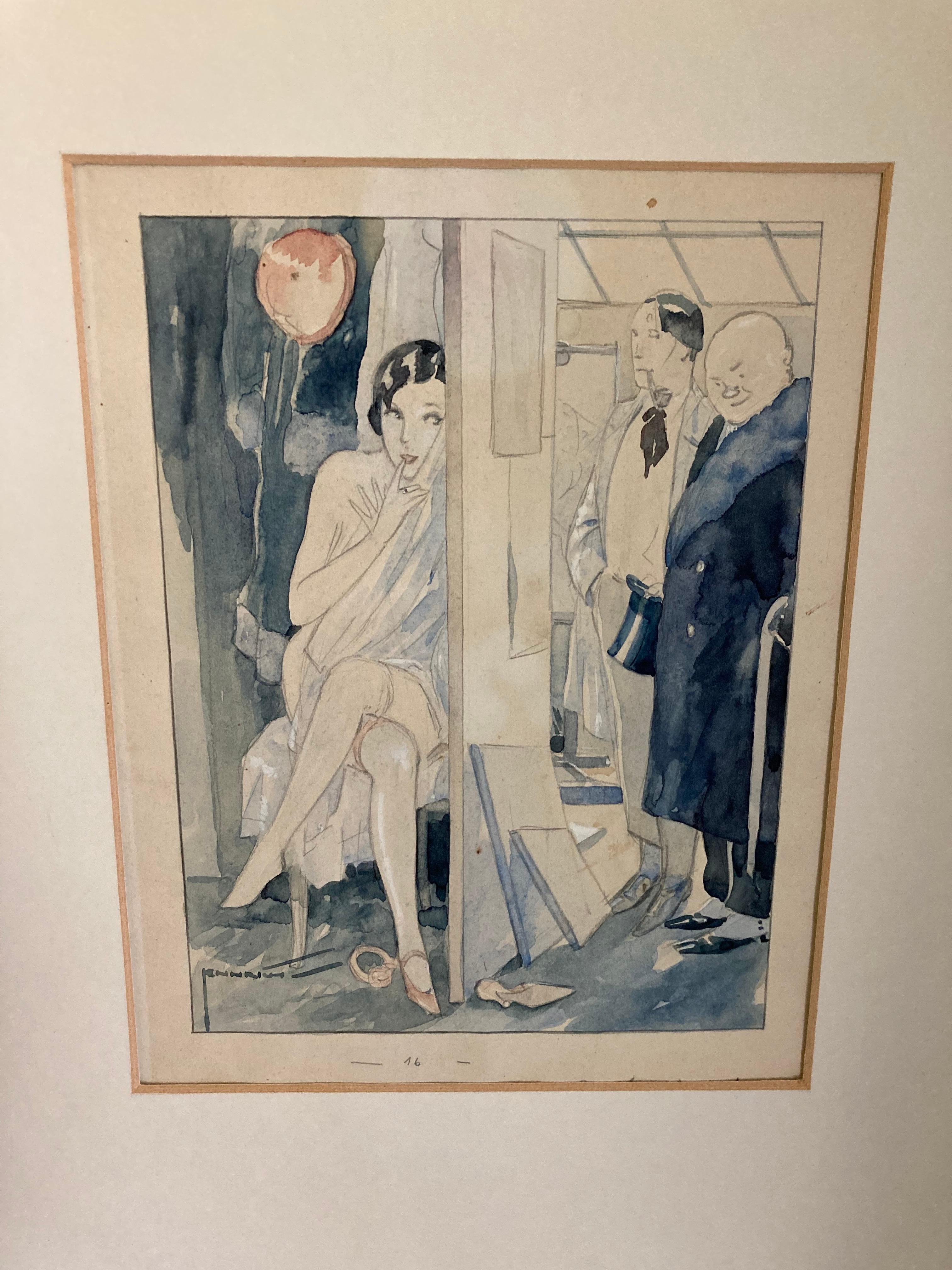 1 Set of five Original Art Déco watercolor drawings. 1920s.  Willi Jennrich (1901-1944) Germany.
These works are very rare and decorative. They are Original watercolors. Typical subjects of the 1920s .
The drawings were probably design sketches for