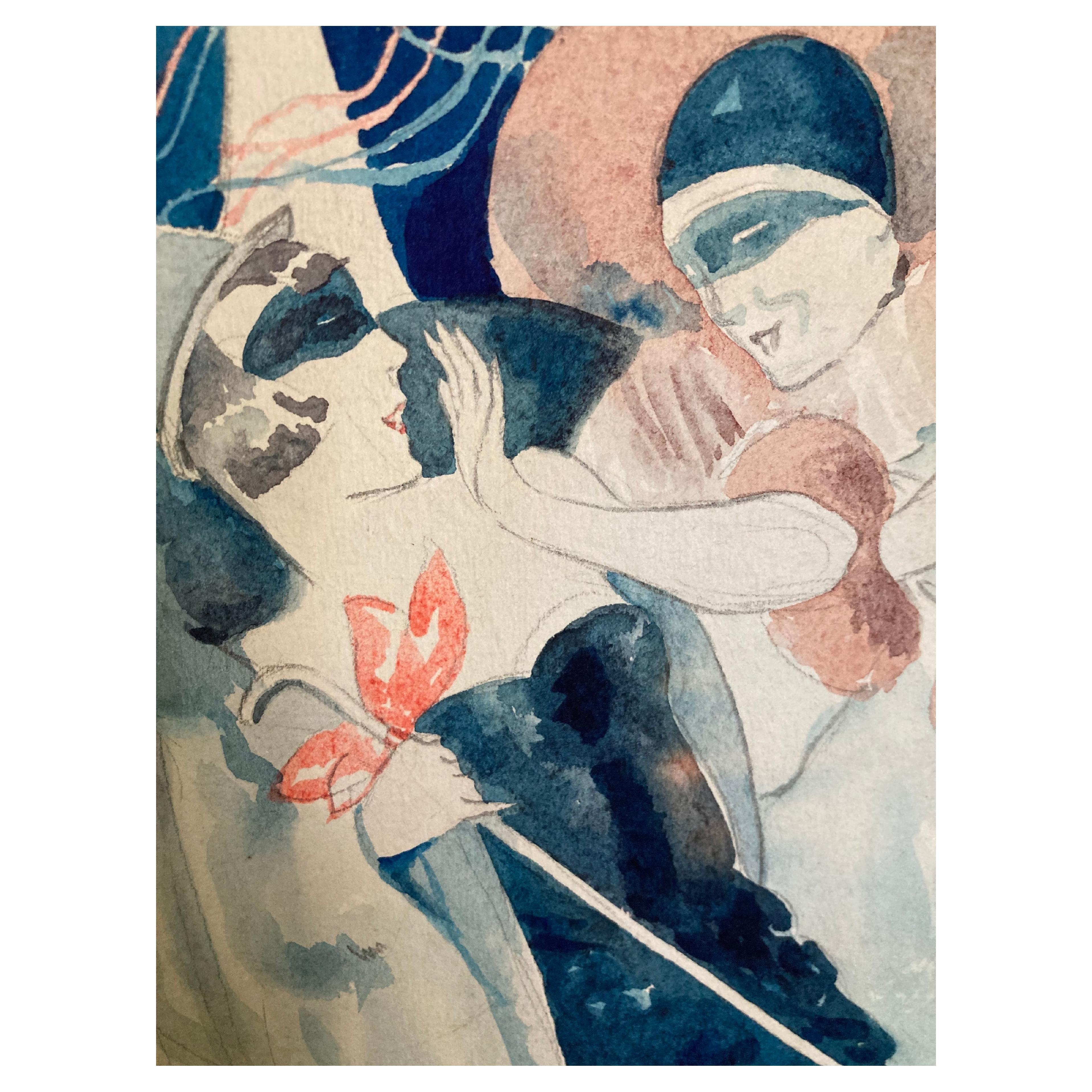A set of five German  Art Déco watercolor drawings by Willi Jennrich. 1920s. For Sale