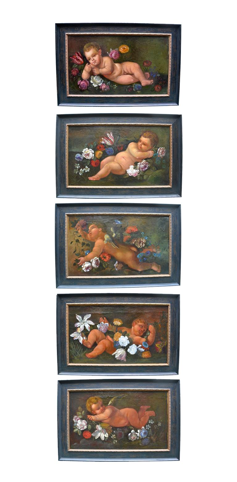 This is an extremely rare and unique set of five oil on canvas paintings of naked puttis in either a reclining or flying pose surrounded by still life style flowers set against a black background. The canvasses are dated early 18 century but could