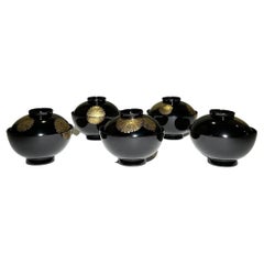 Set of Five Japanese Vintage Maki-e Lacquer Bowls with Lid