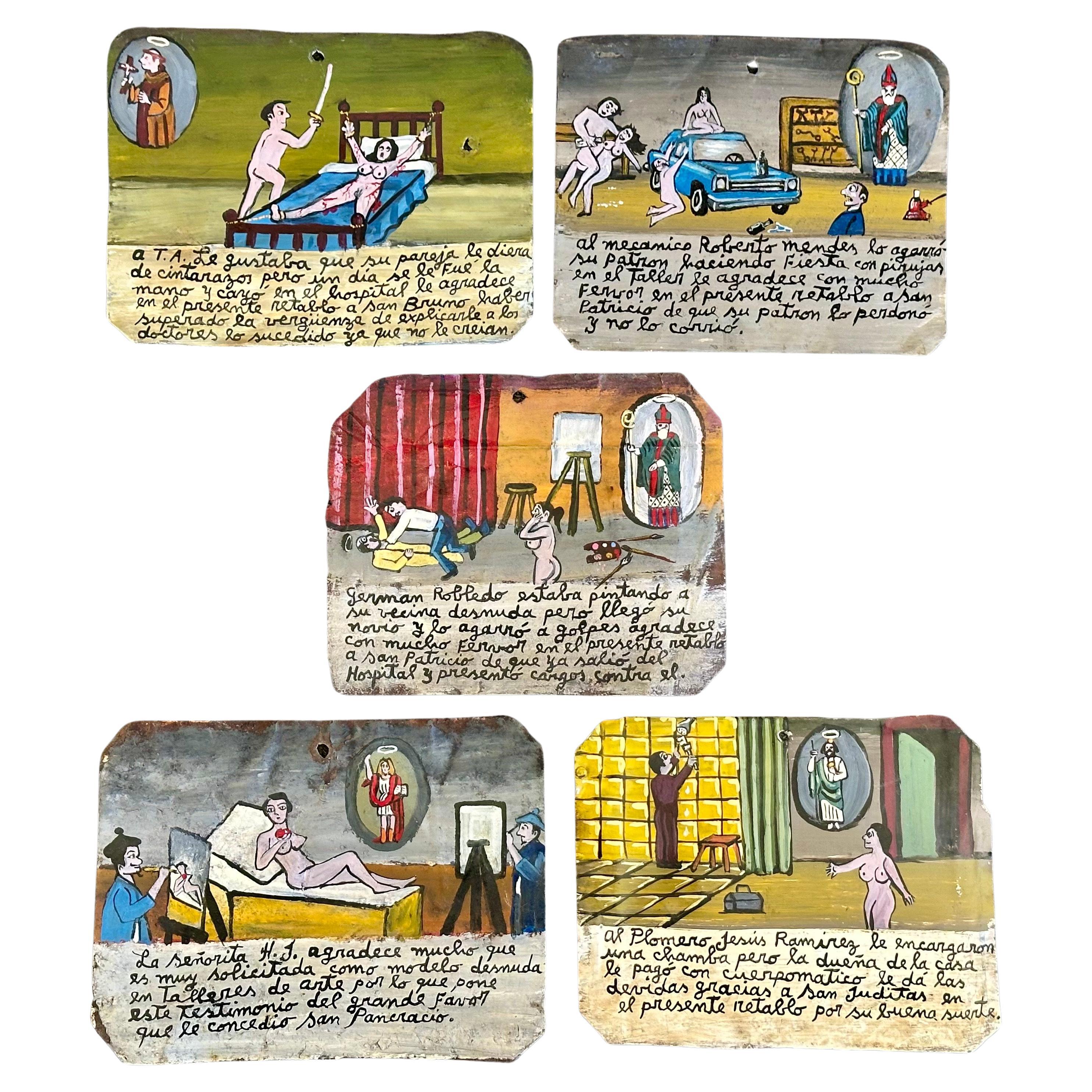 A Set of Five Mexican Ex-Votos / Retablos) Attributed to Alfredo Vilchis For Sale