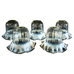 A Set of Five Vaseline Glass Shades with Wavy Ruffled Rims & Blue Hues