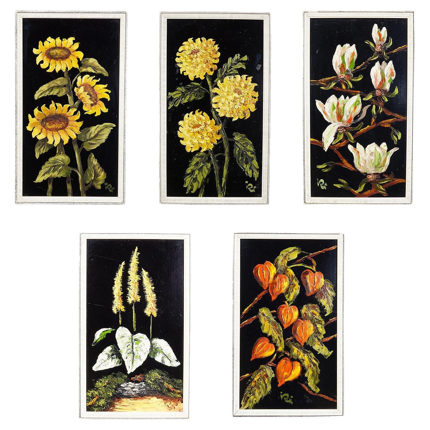 A Set of five Vintage Flower Still Live Paintings