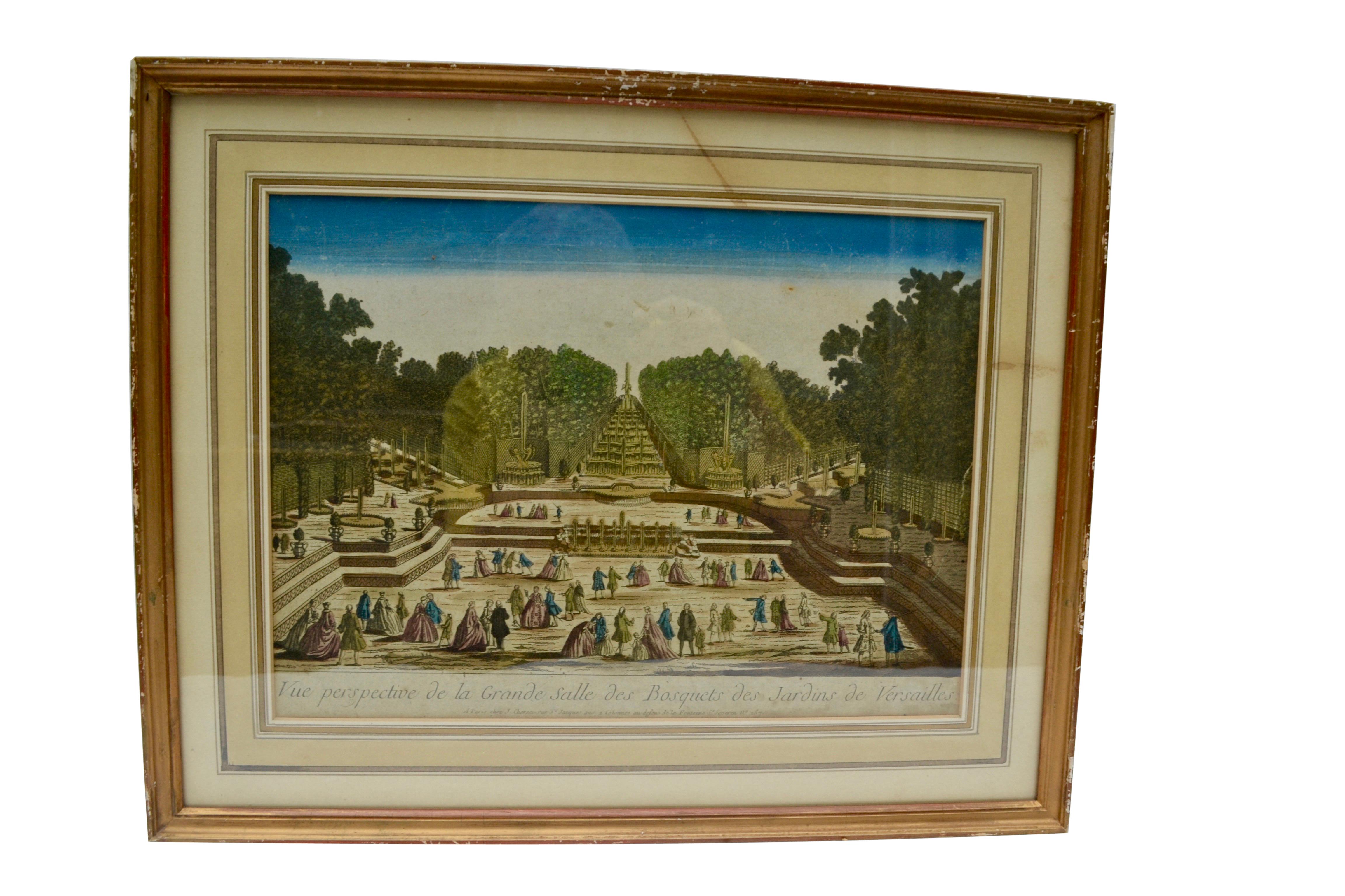 A set of four hand colored 18 century copper plate engravings showing views and optical perspectives of certain features of the gardens at Versailles l\aid on hand-made paper. 

One shows the lower end of the Orangerrie and the lake facing it.