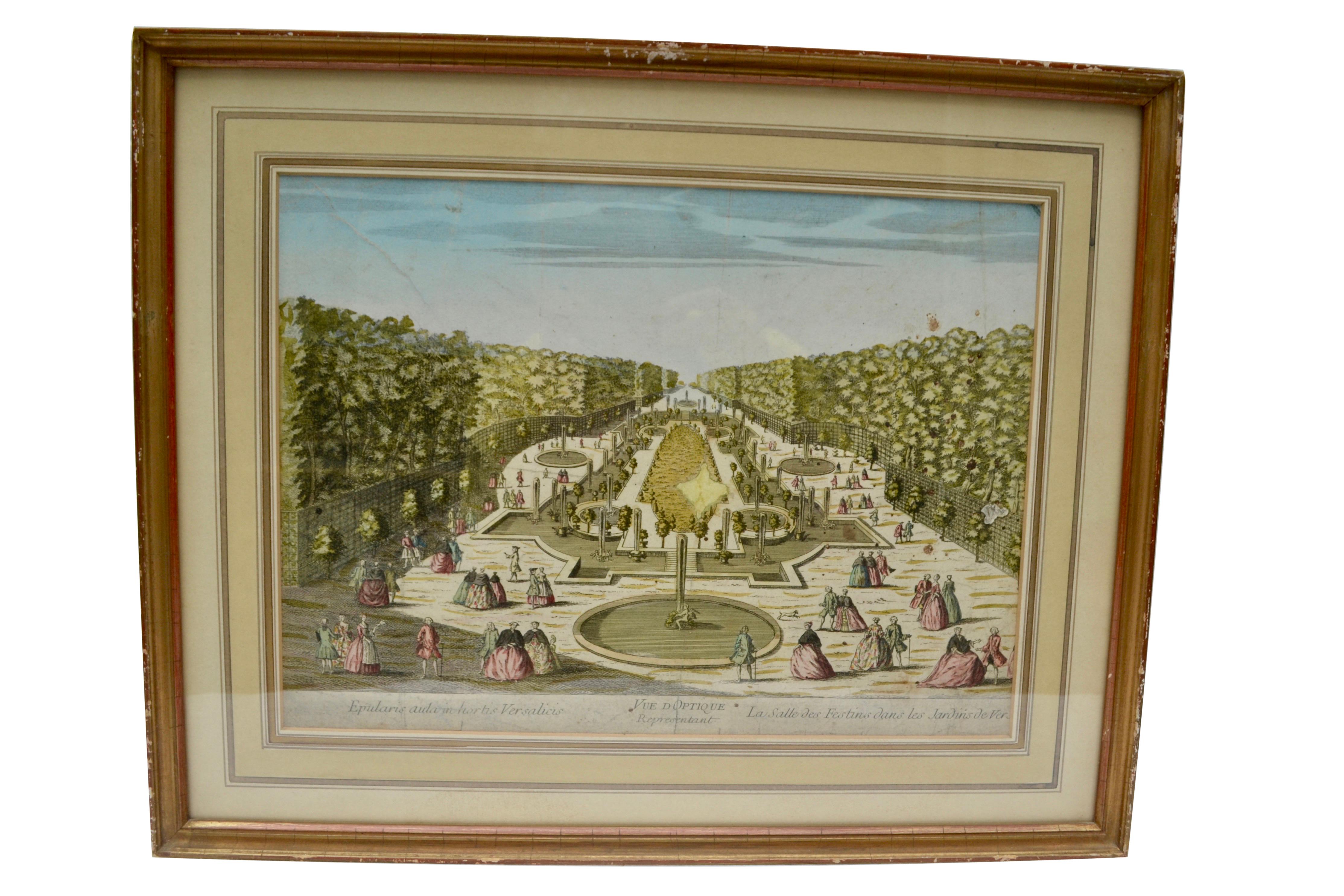 Louis XV Set of Four 18 Century Copper Plate Colored Engravings of Versailles Gardens