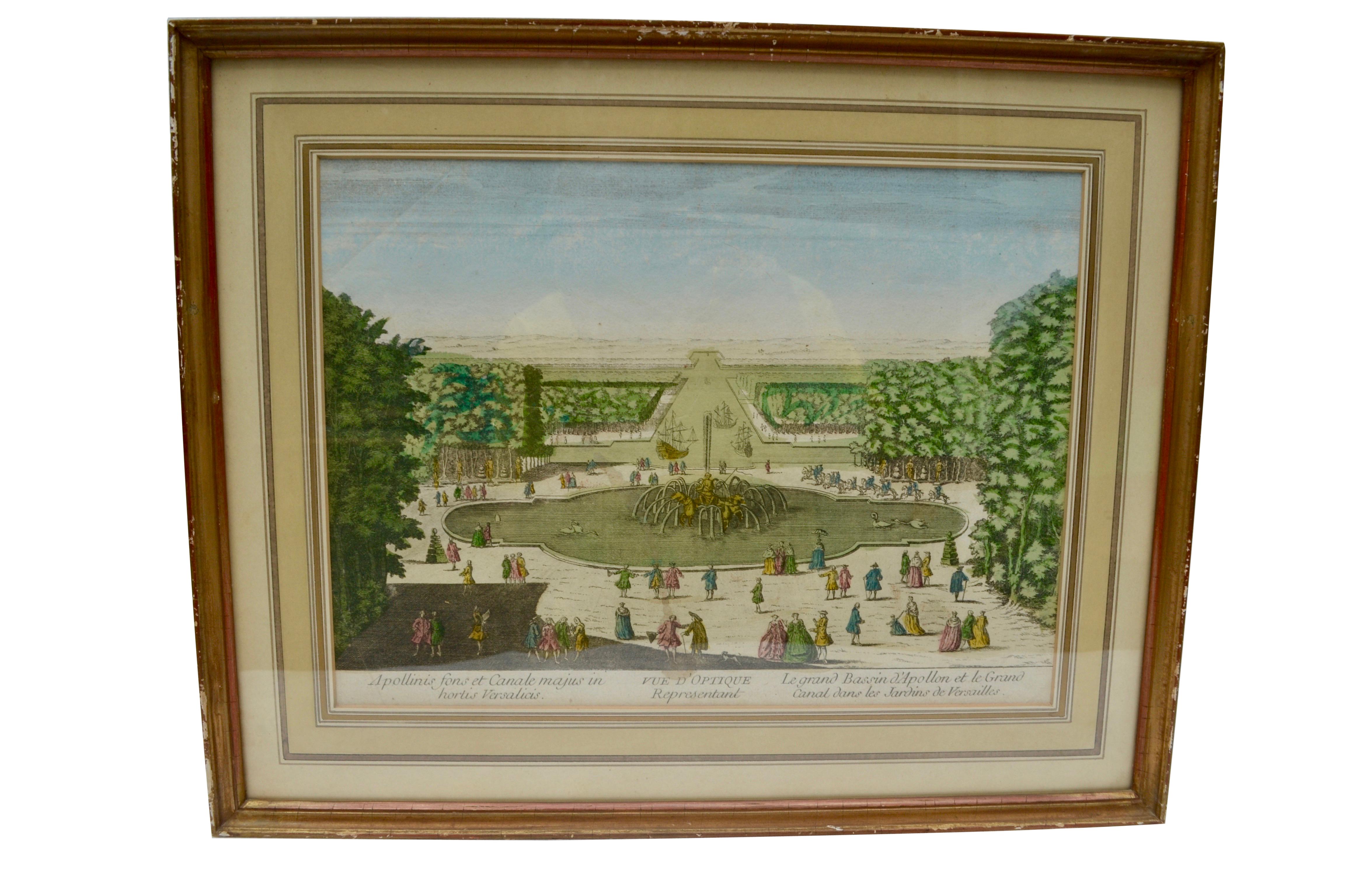 French Set of Four 18 Century Copper Plate Colored Engravings of Versailles Gardens