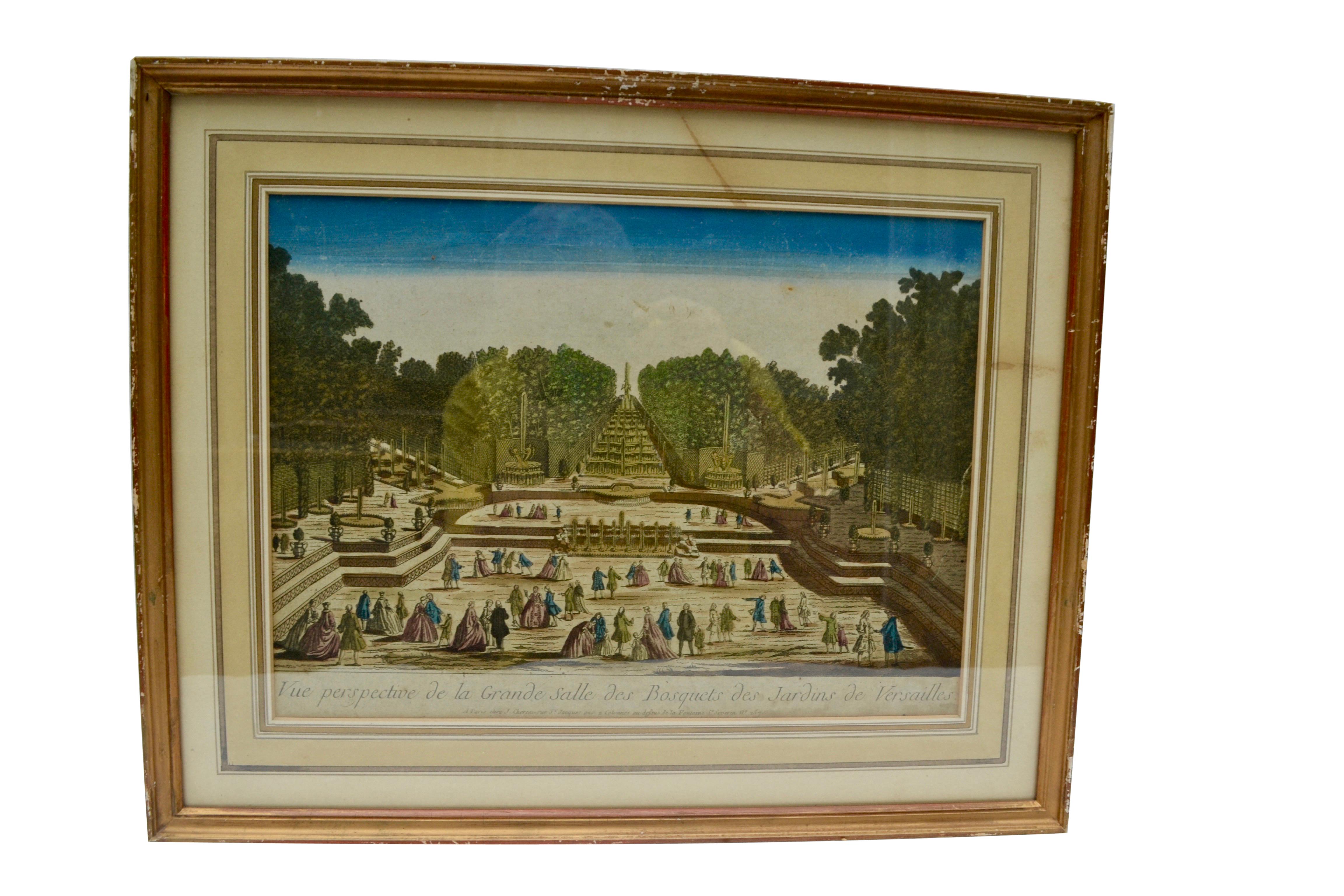Engraved Set of Four 18 Century Copper Plate Colored Engravings of Versailles Gardens