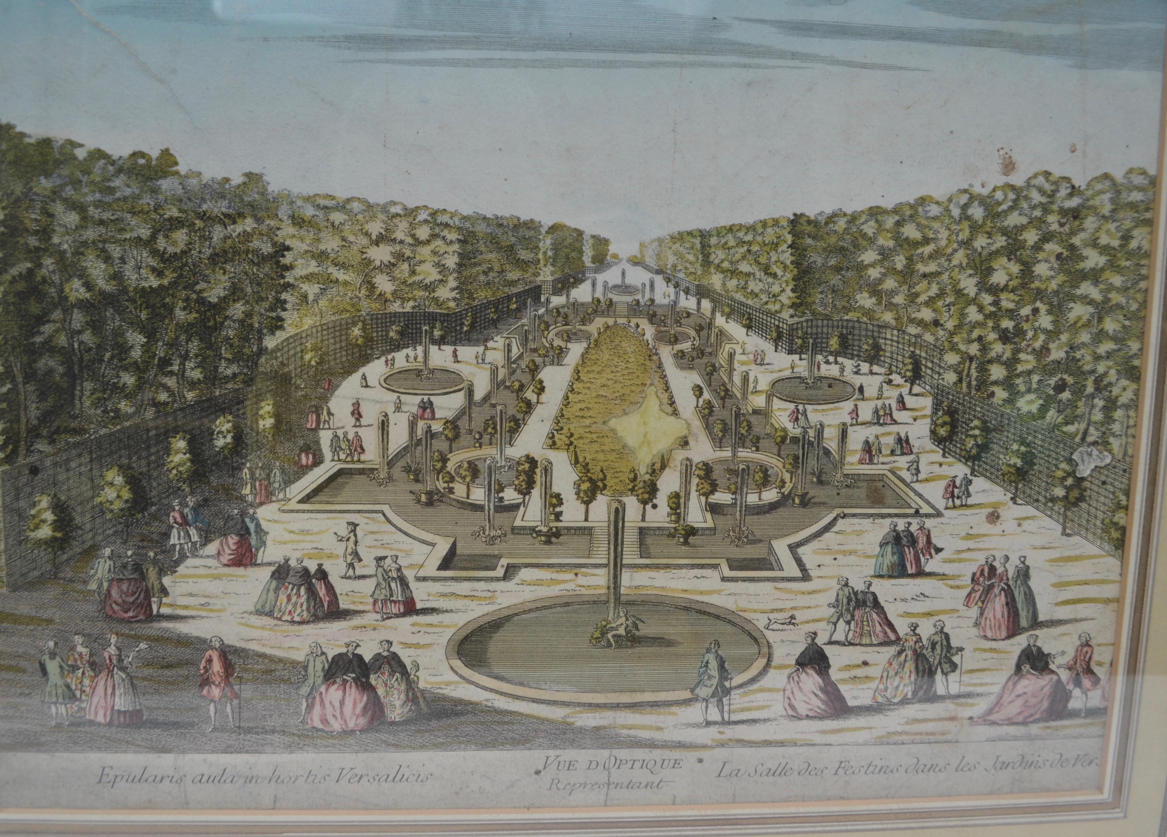 Set of Four 18 Century Copper Plate Colored Engravings of Versailles Gardens In Good Condition In Vancouver, British Columbia