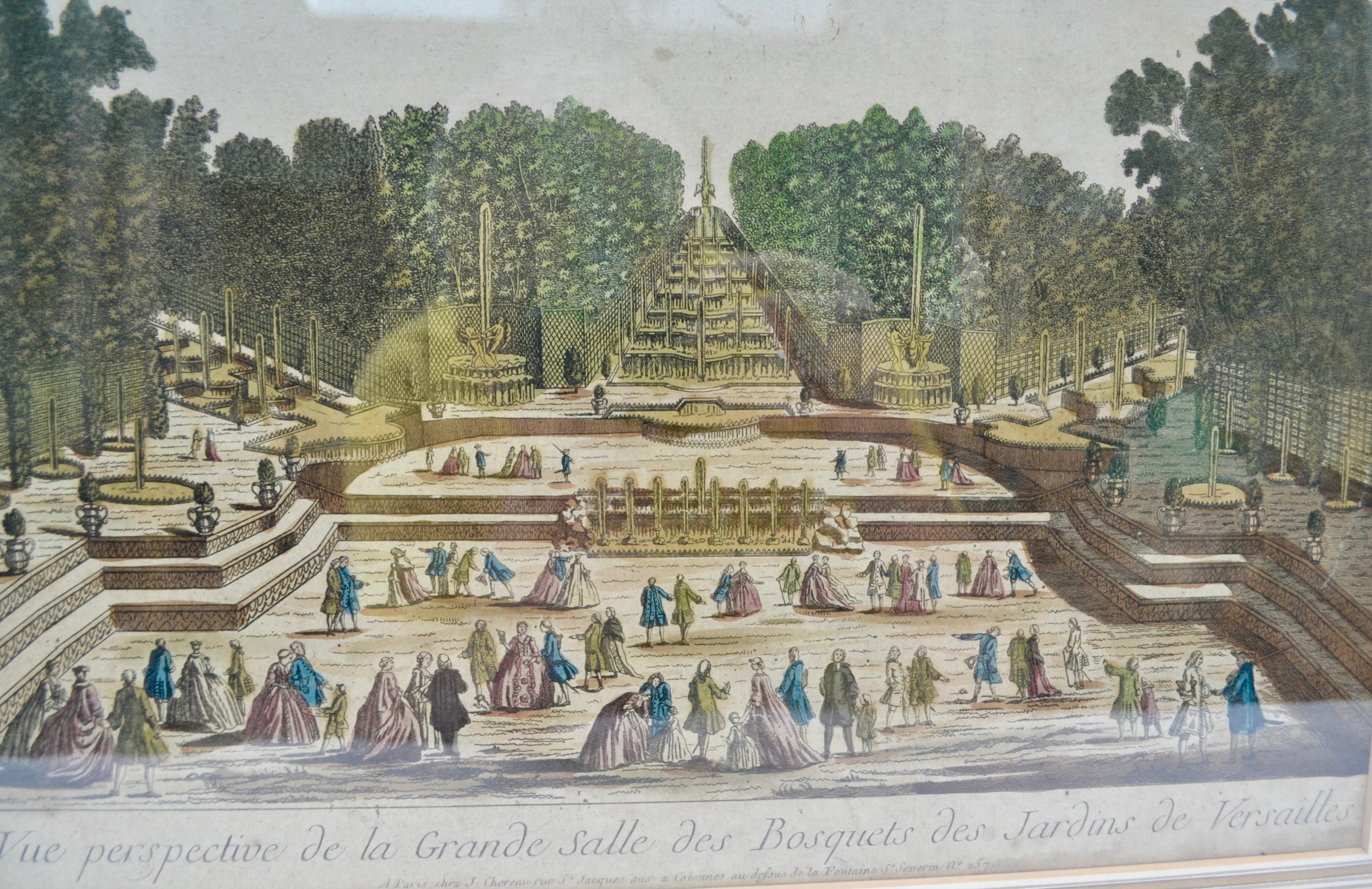 18th Century Set of Four 18 Century Copper Plate Colored Engravings of Versailles Gardens