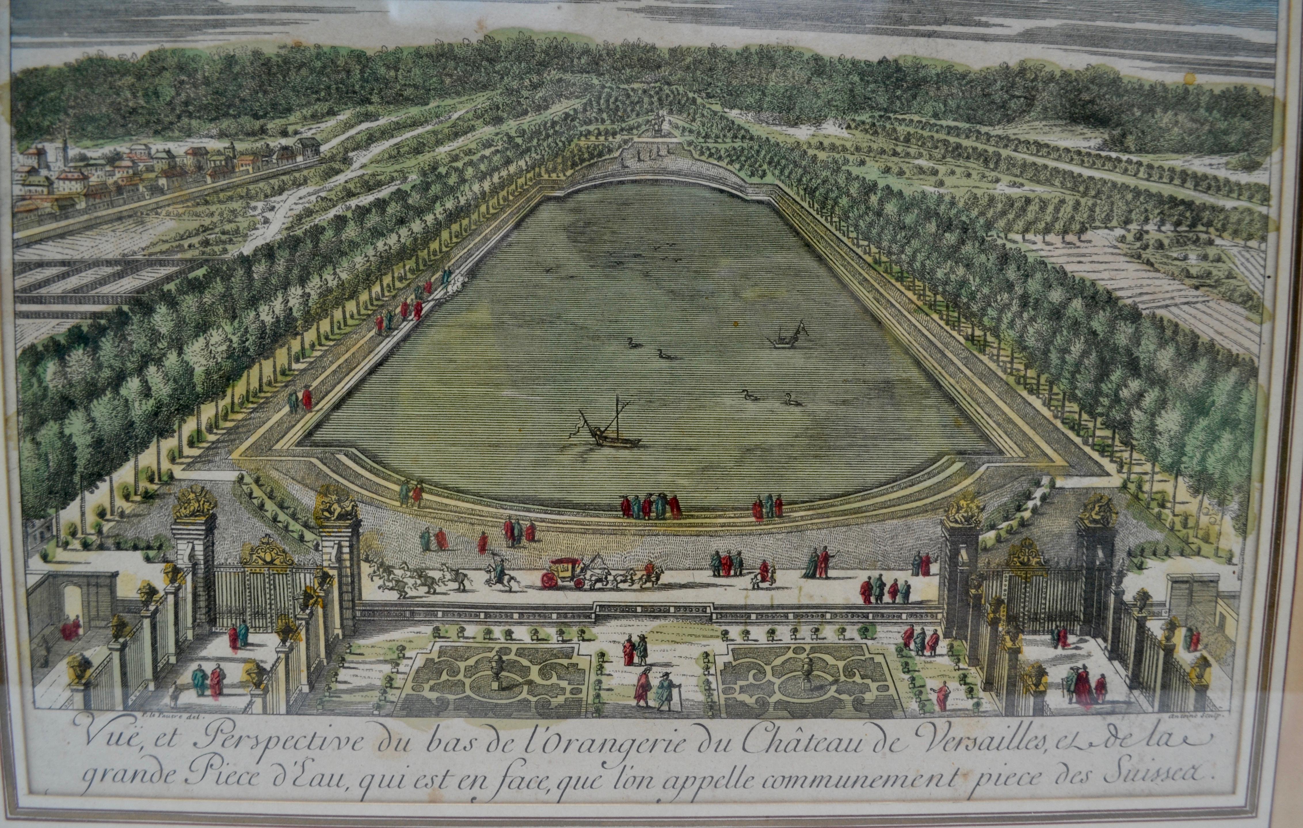 Paper Set of Four 18 Century Copper Plate Colored Engravings of Versailles Gardens