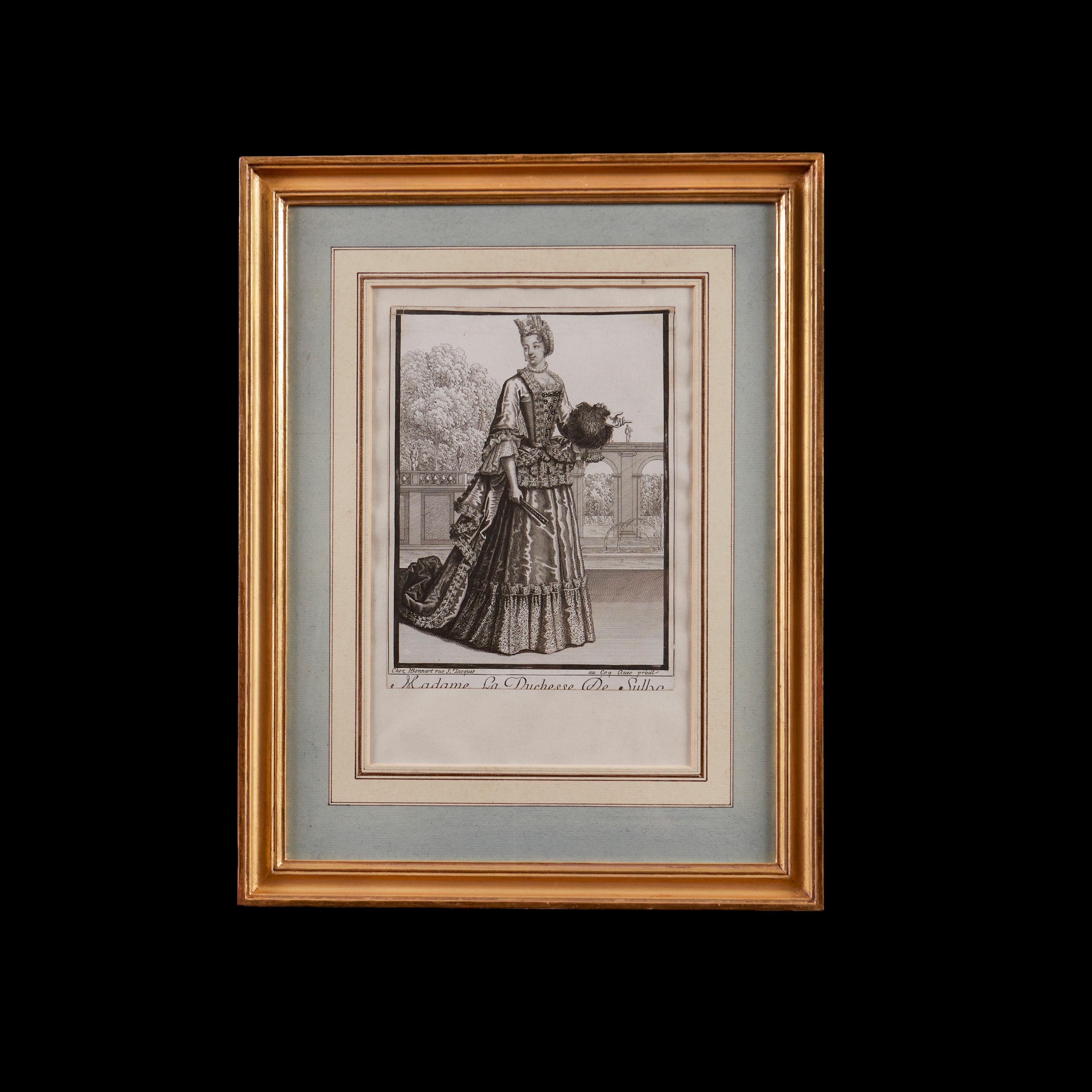 A set of four late 18th century French prints of high society women in fashionable outfits; ‘Dame de qualité a la mode’, ‘Femme de qualité dansant’, ‘Fille de qualité en habit garni de pierreries’. All with blue mounts and giltwood frames.