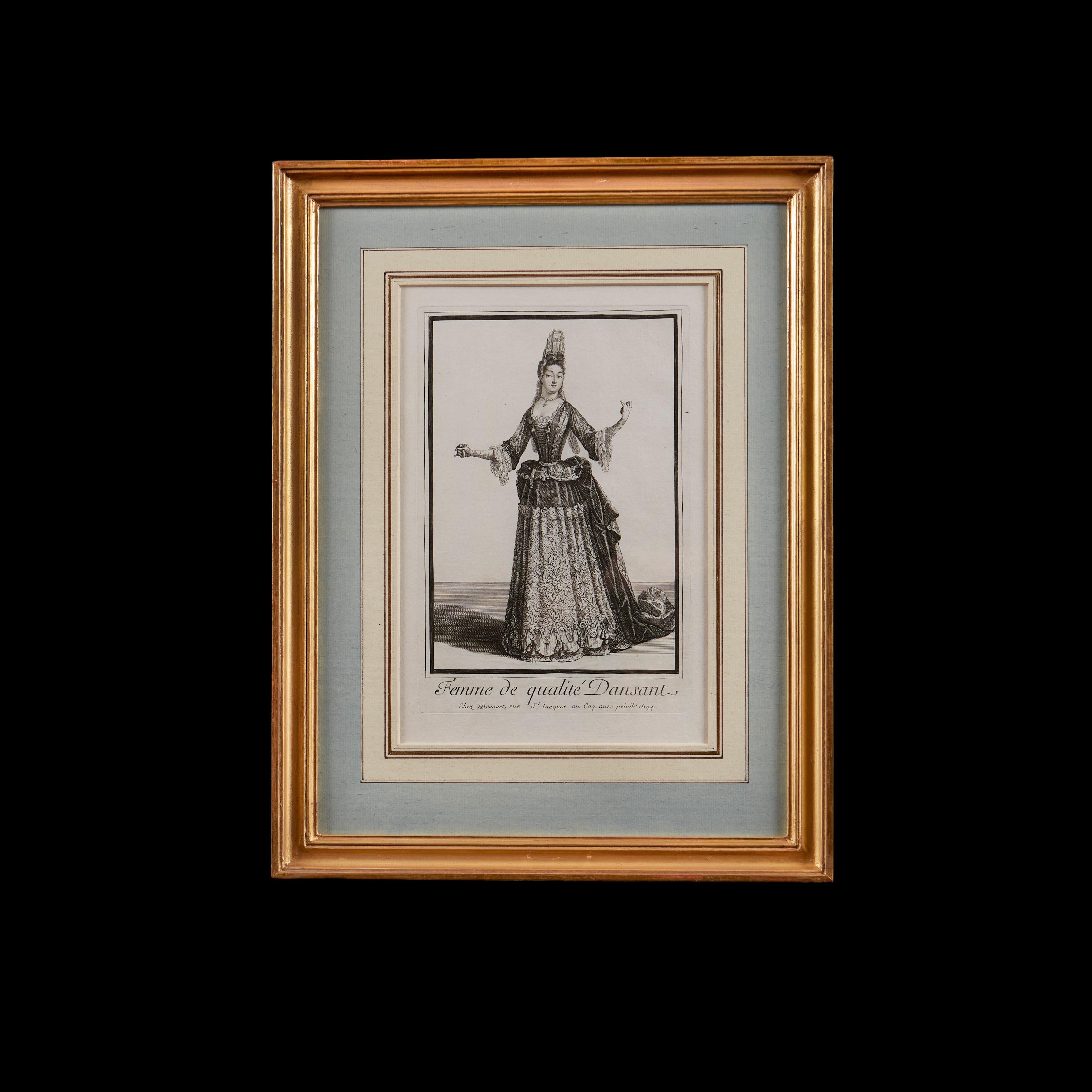 Set of Four 18th Century Prints of 'Femmes de Qualité' in Giltwood Frames In Good Condition In London, GB