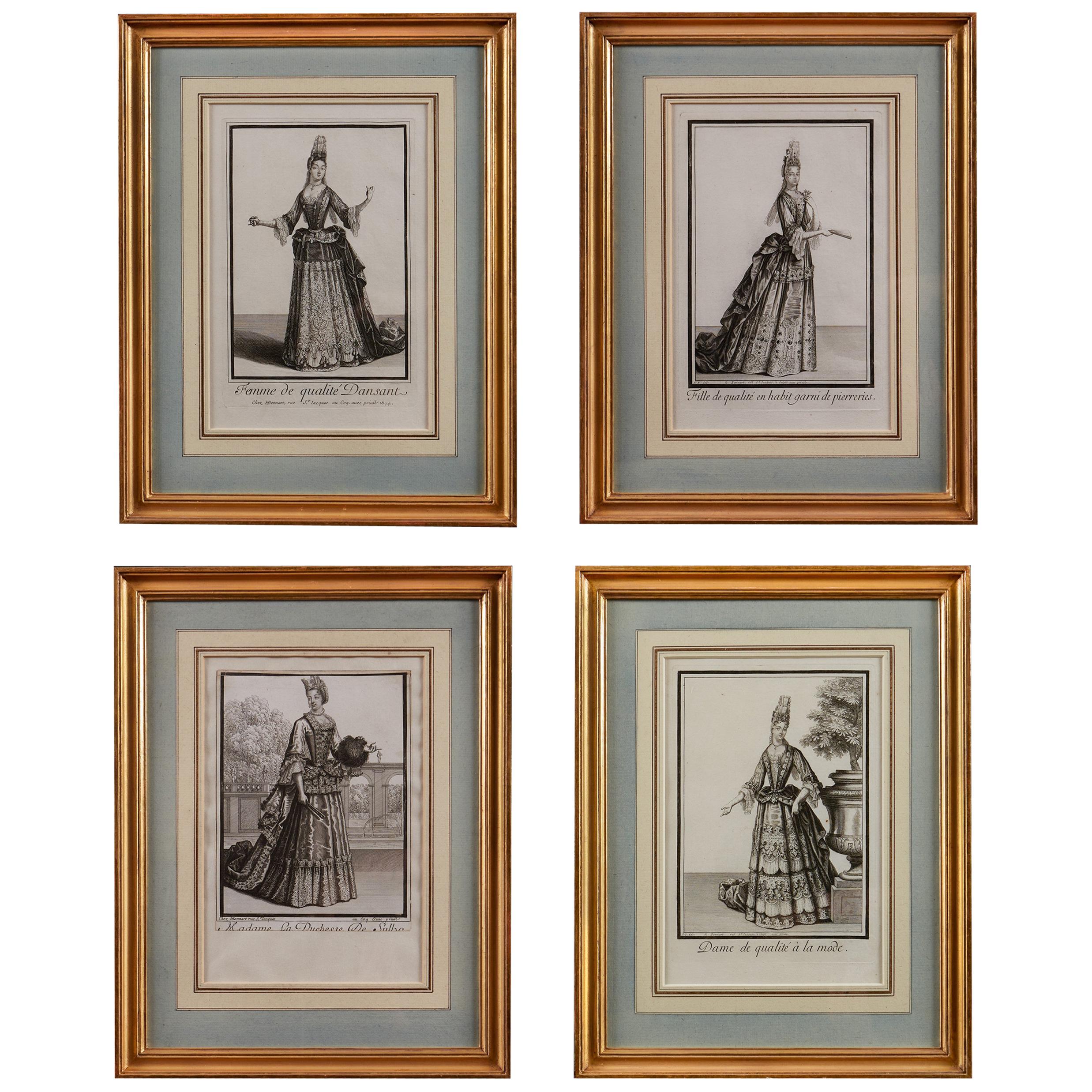 Set of Four 18th Century Prints of 'Femmes de Qualité' in Giltwood Frames