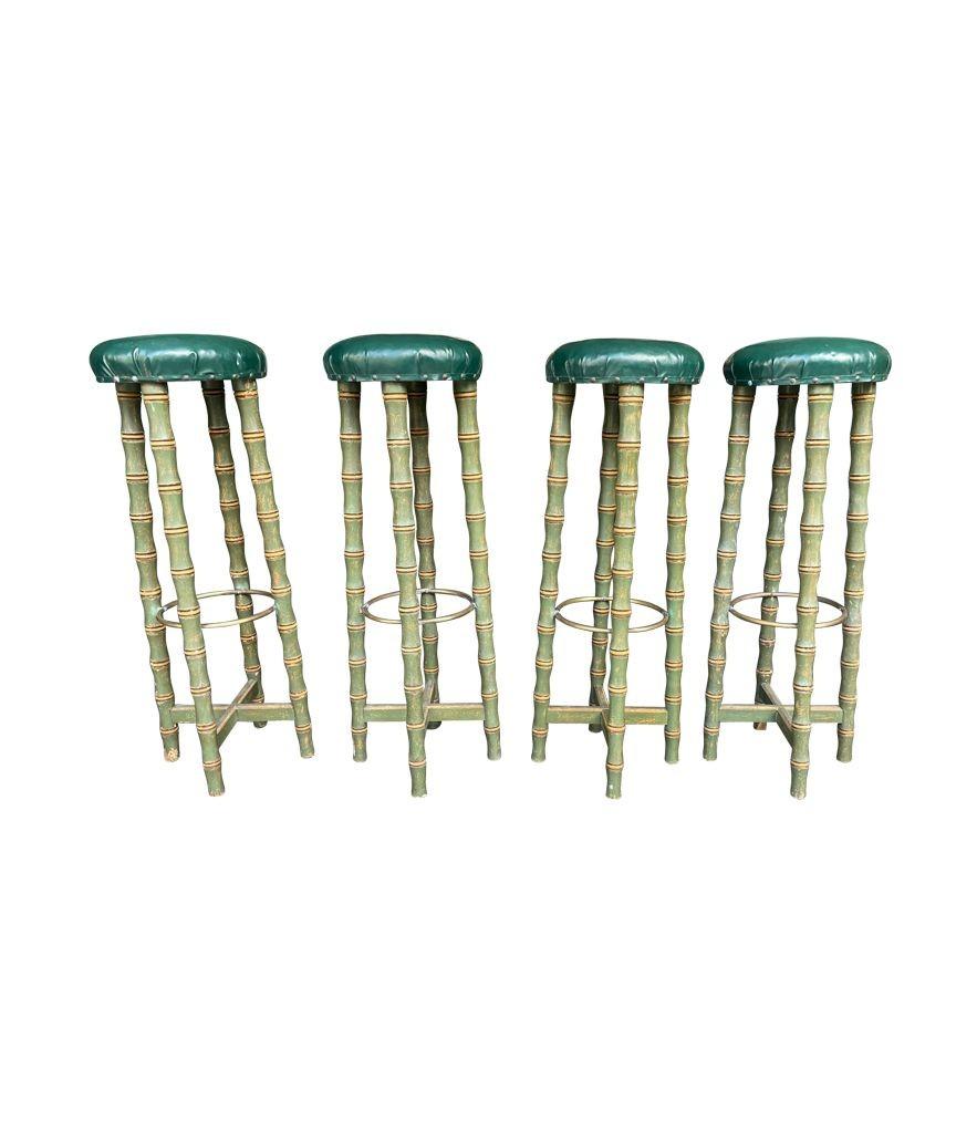 A set of four 1950s Spanish Faux bamboo wooden and brass stools For Sale 5