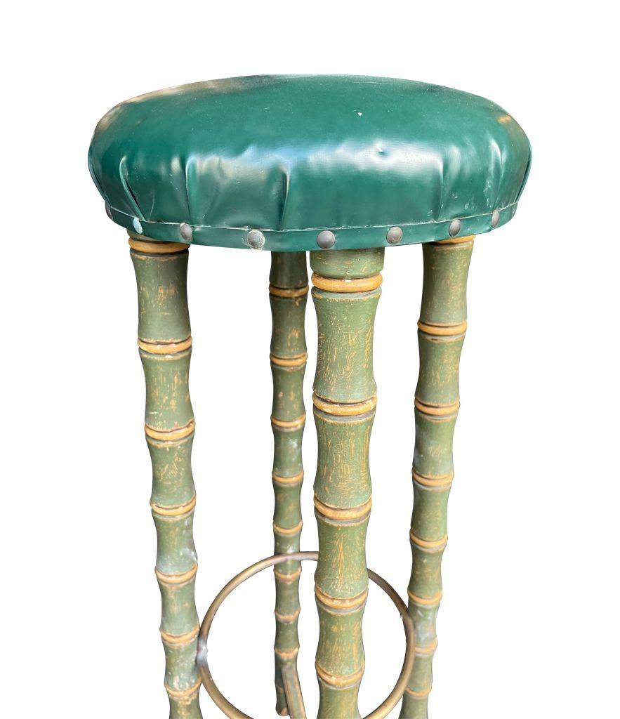 A set of four 1950s Spanish Faux bamboo wooden and brass stools For Sale 6